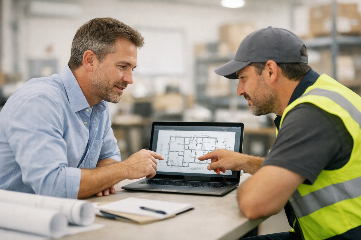 Small business owner and subcontractor discussing classification and payroll details on a laptop.