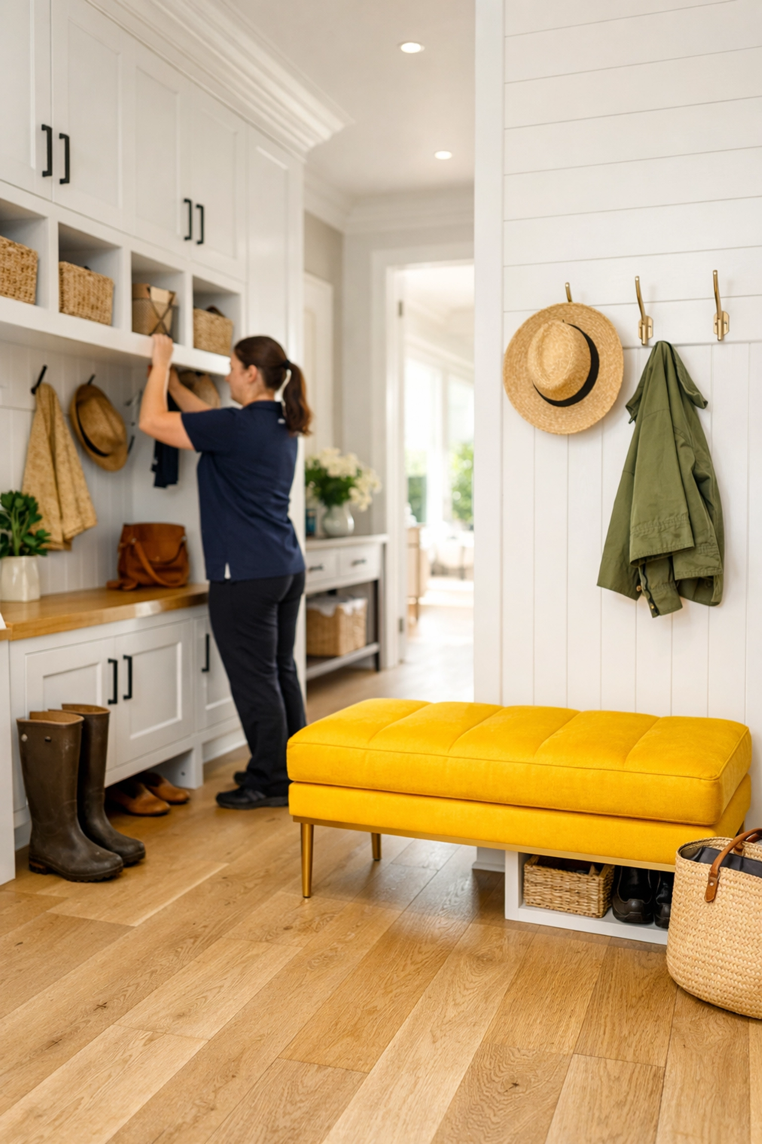 Professional cleaners in Norfolk using a systematic checklist to clean a luxury residential mudroom.