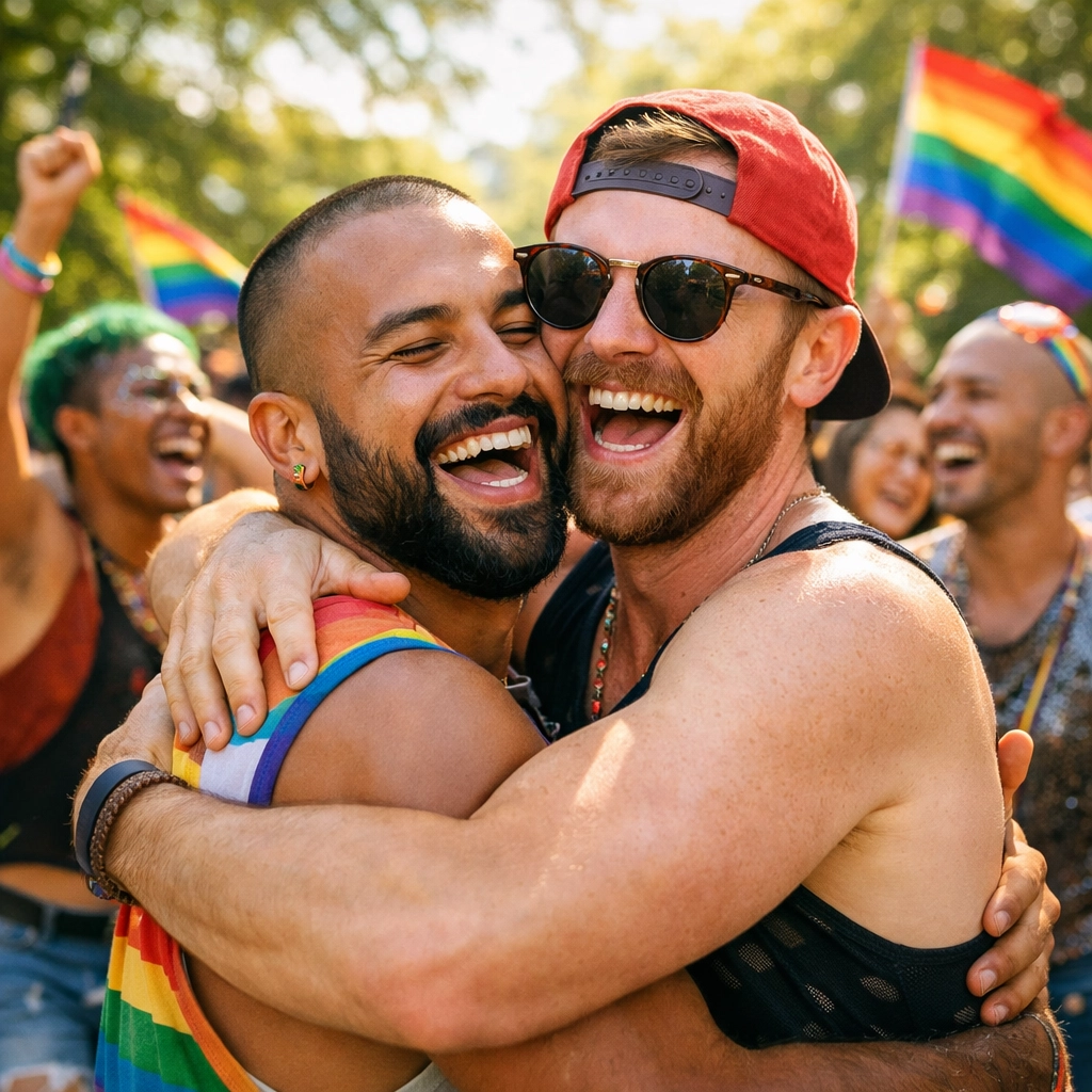 Diverse group of LGBTQ+ men celebrating queer joy and authentic happiness in a sun-drenched park.