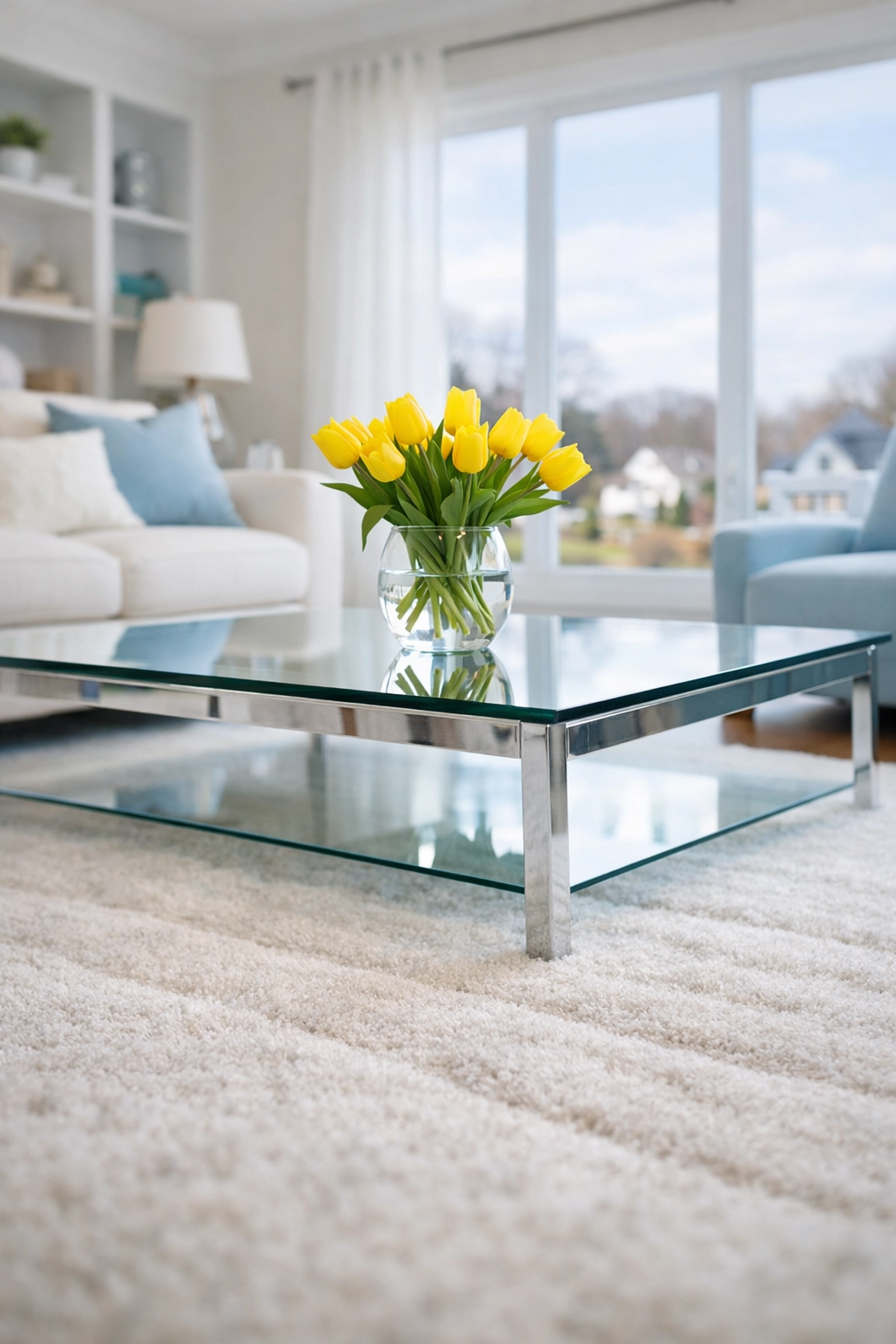 A freshly vacuumed rug and clean family room in a Massachusetts home using cleaning services near me.