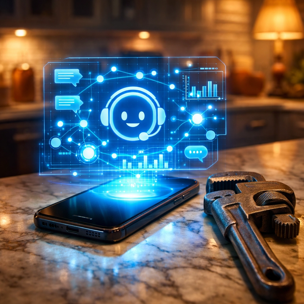 Digital AI interface on a smartphone next to a pipe wrench, showing automated lead response for plumbing firms.