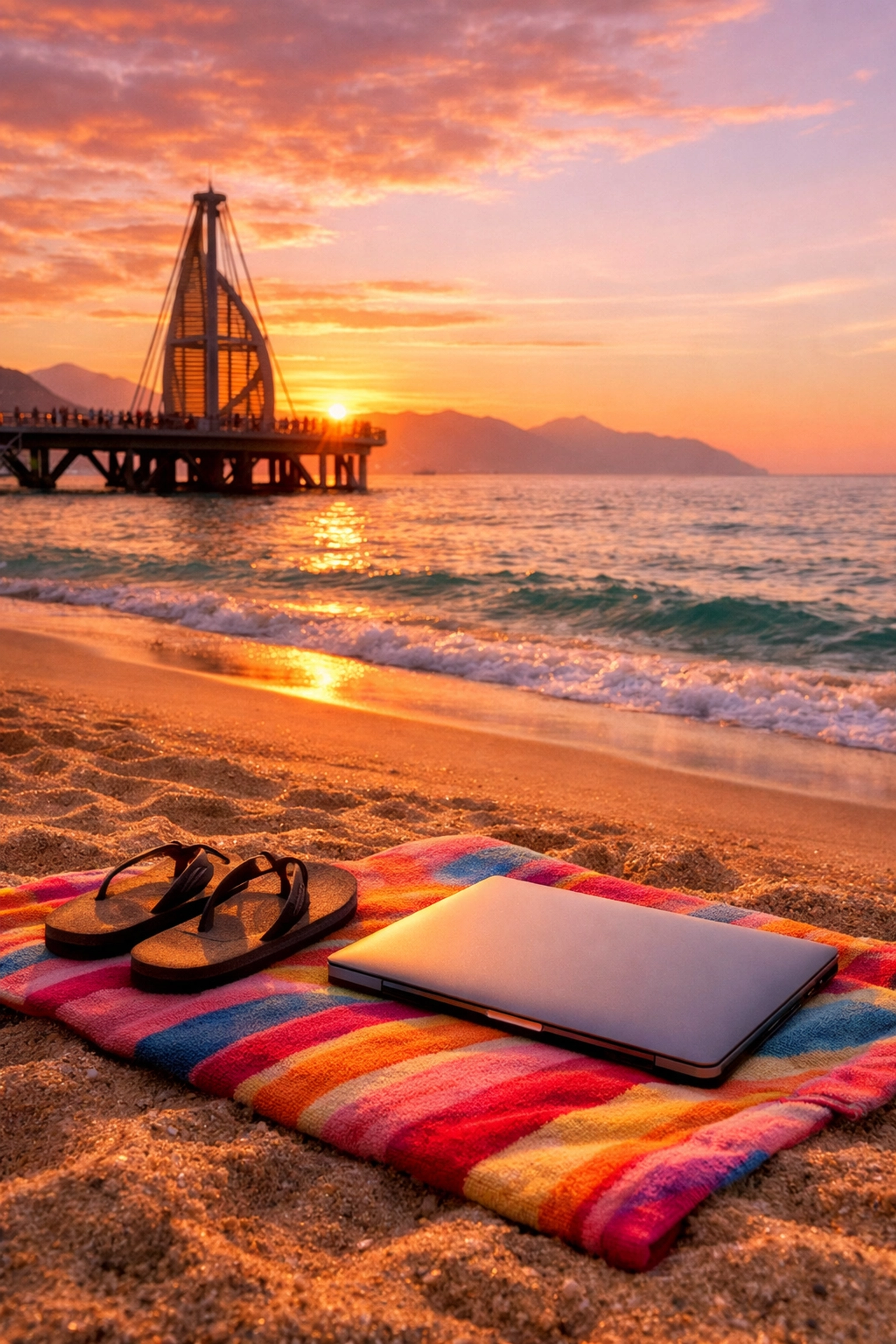 Laptop and flip-flops on beach towel at Playa Los Muertos Puerto Vallarta sunset