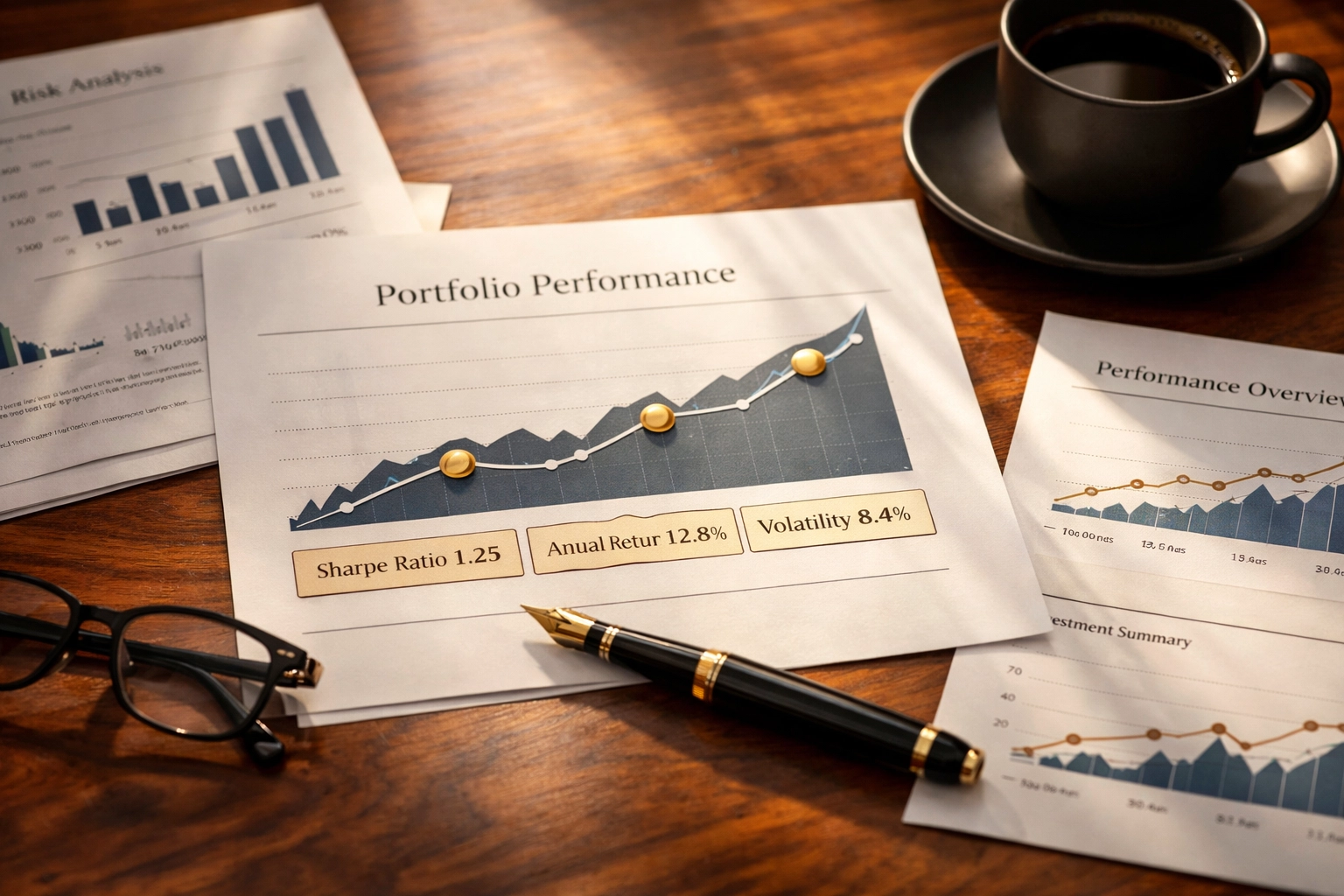 Investment portfolio performance charts showing risk-adjusted returns and financial analysis