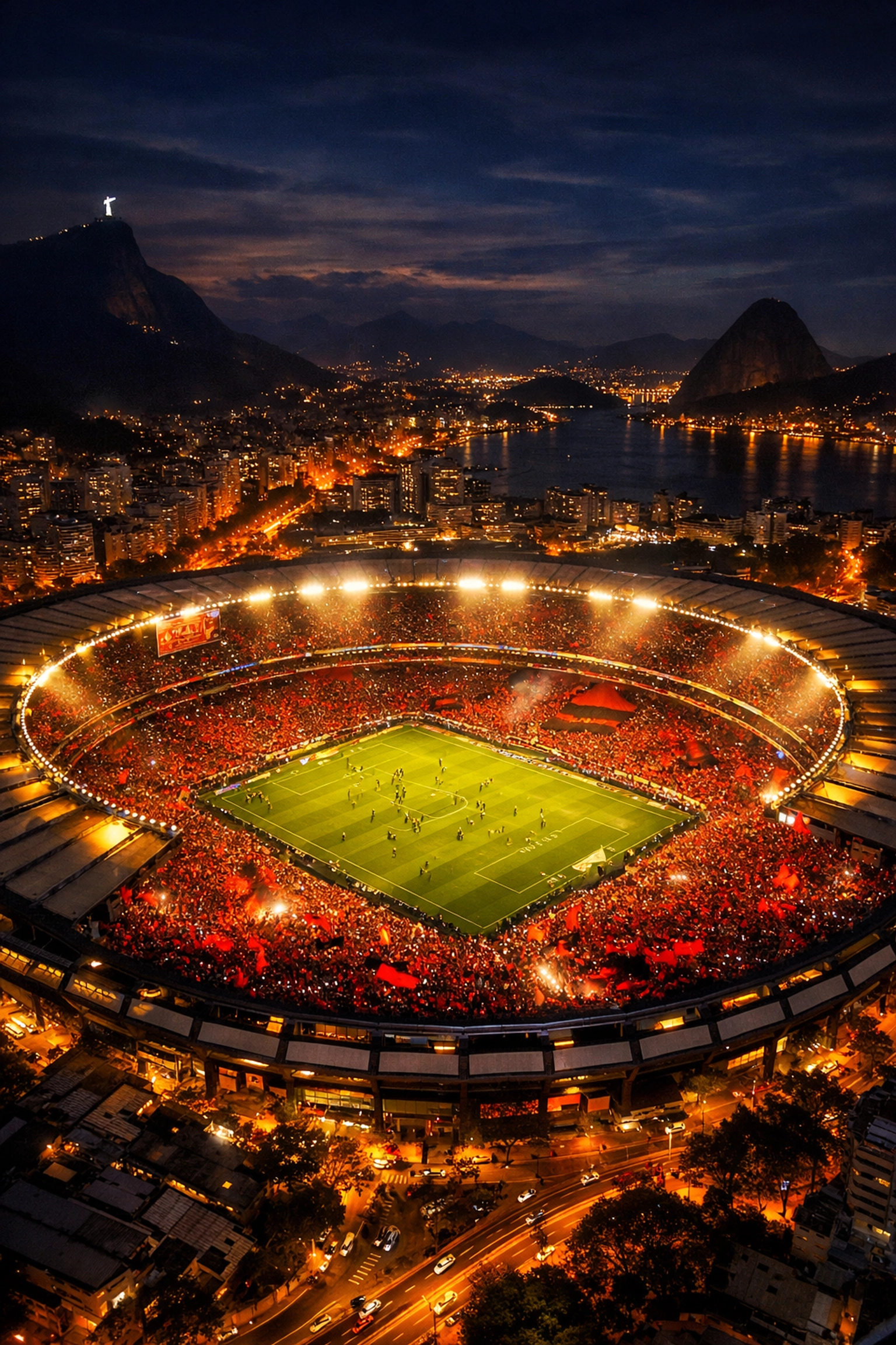 Maracanã-Stadion in Rio de Janeiro bei Nacht mit Flamengo-Fans in rot-schwarzen Farben