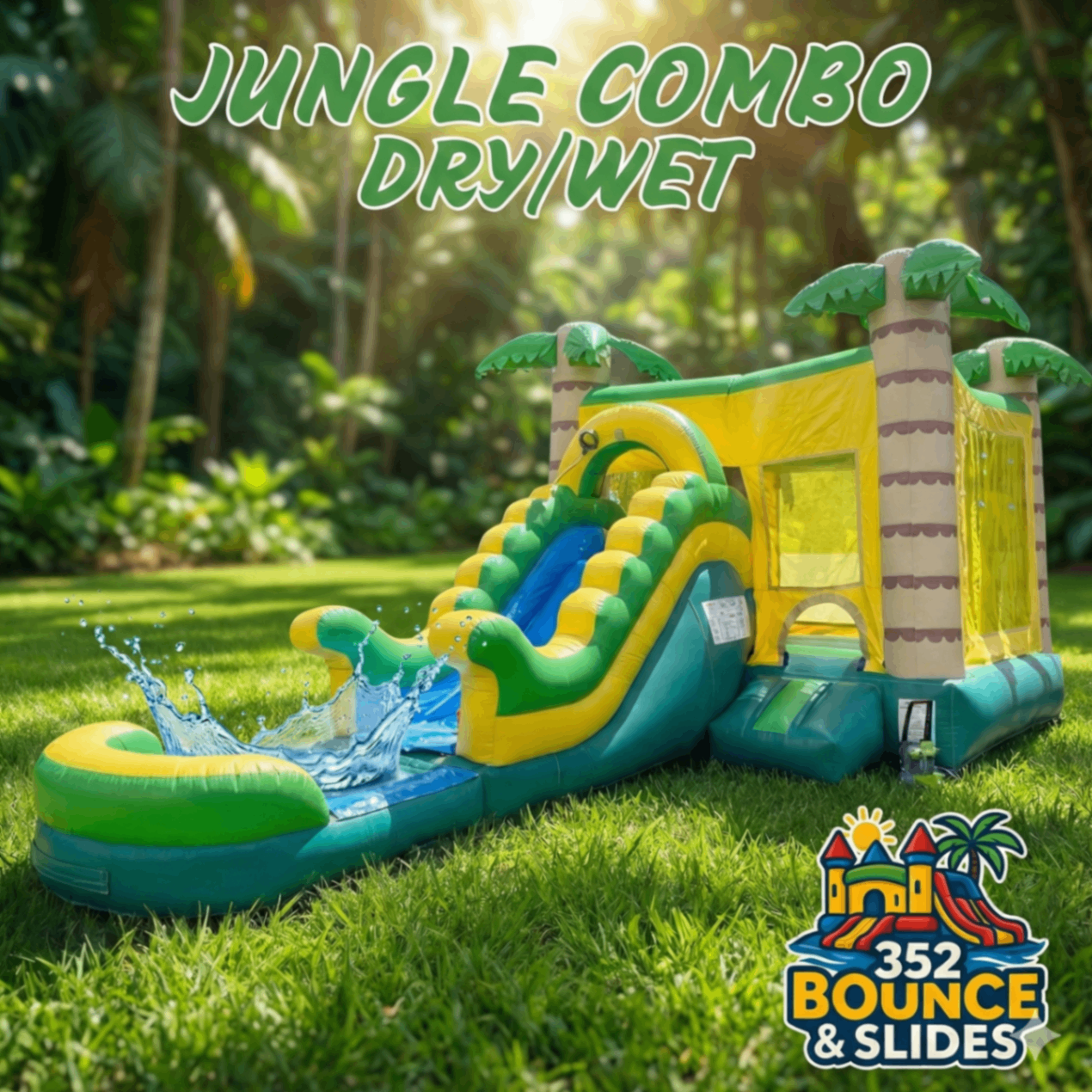 Jungle Combo Dry/Wet inflatable bounce house and slide Set on grass, this inflatable features palm tree accents and a splash pool. It is dual-purpose for wet or dry use, displaying the 352 Bounce & Slides company logo and emphasizing a tropical theme ideal for parties and events.