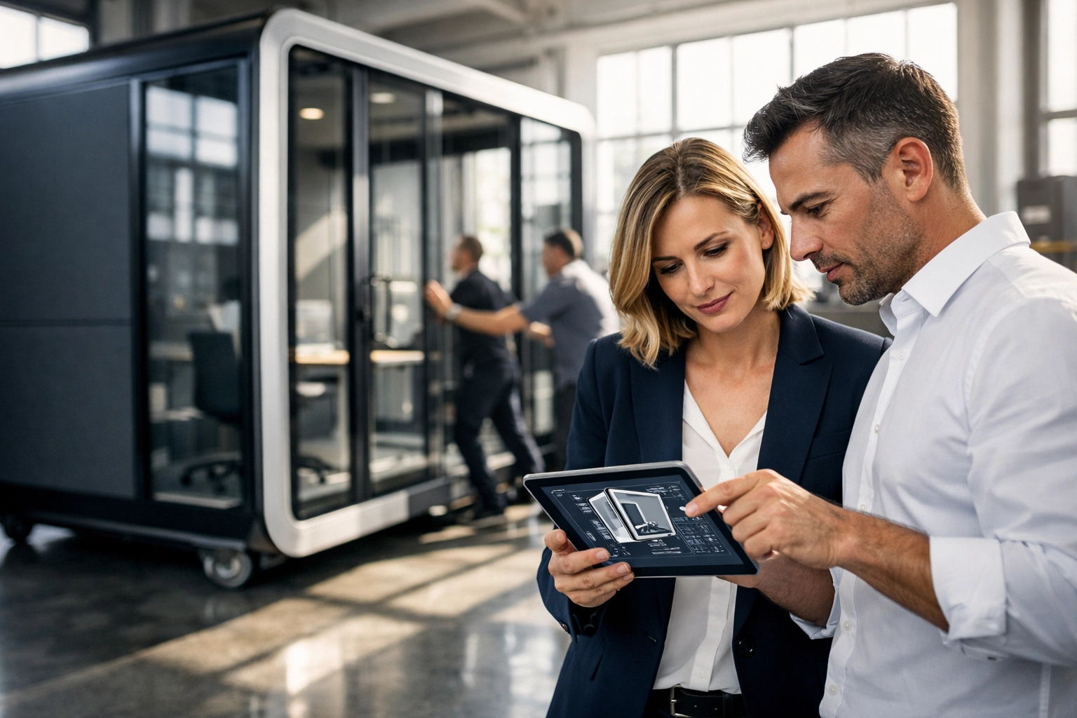 Professionals reviewing logistics for modular office pod infrastructure in a modern workspace.
