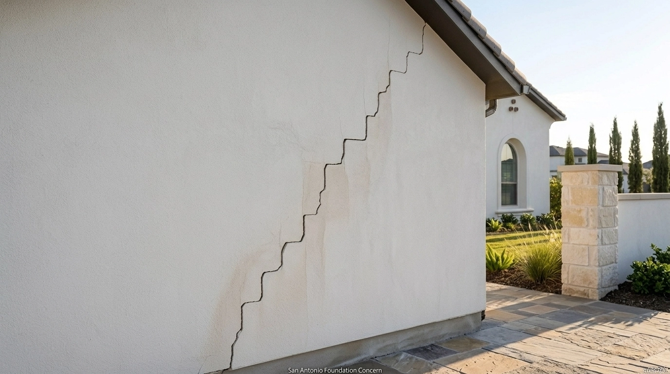 Stair-step crack pattern on a stucco wall