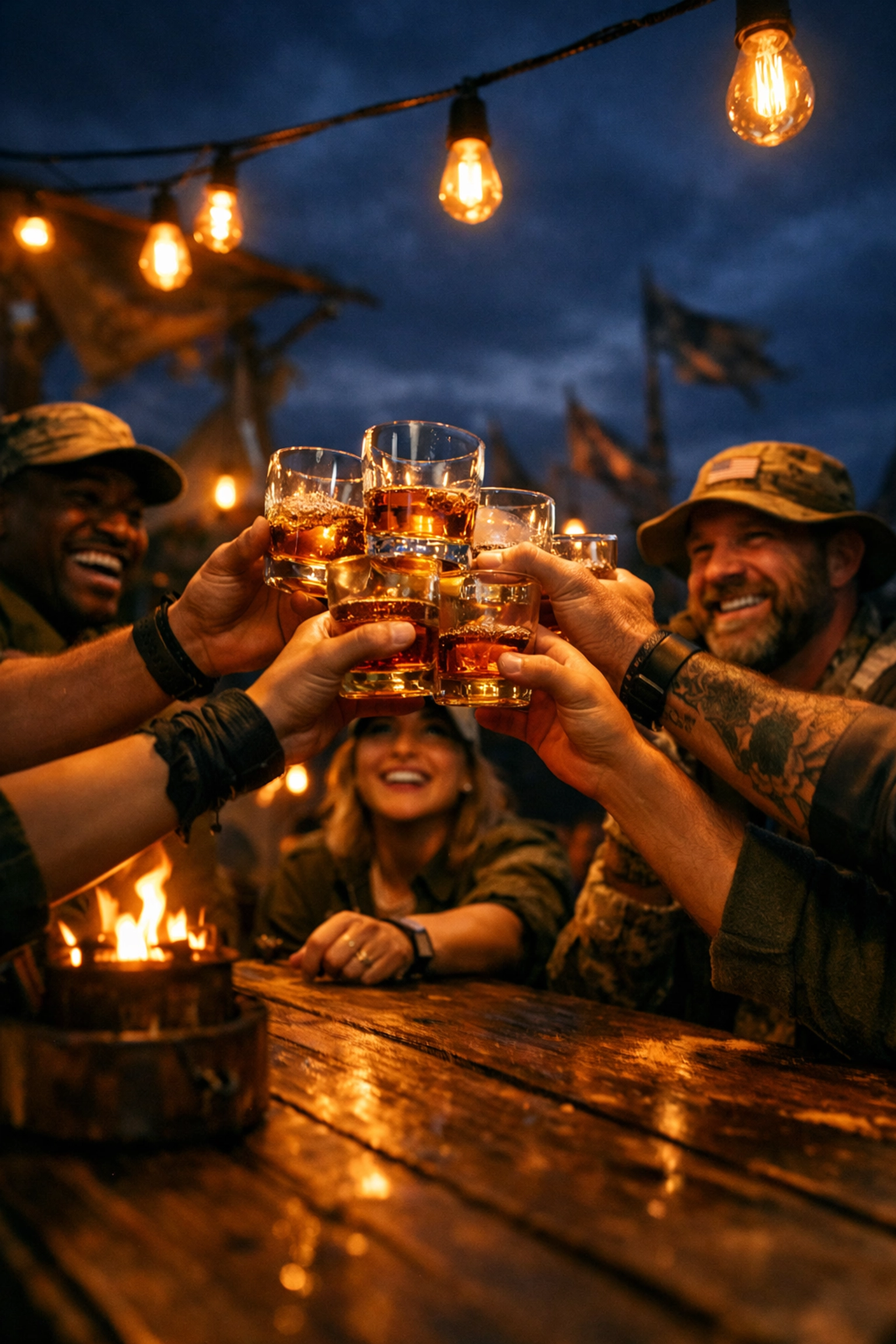 Friends and veterans raising a whiskey toast during an adventurous evening at the Reno Bonanza event.