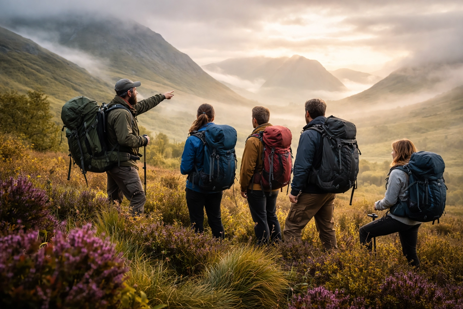 Wild campers listening to a guide on a misty Scottish hillside, learning vital outdoor skills