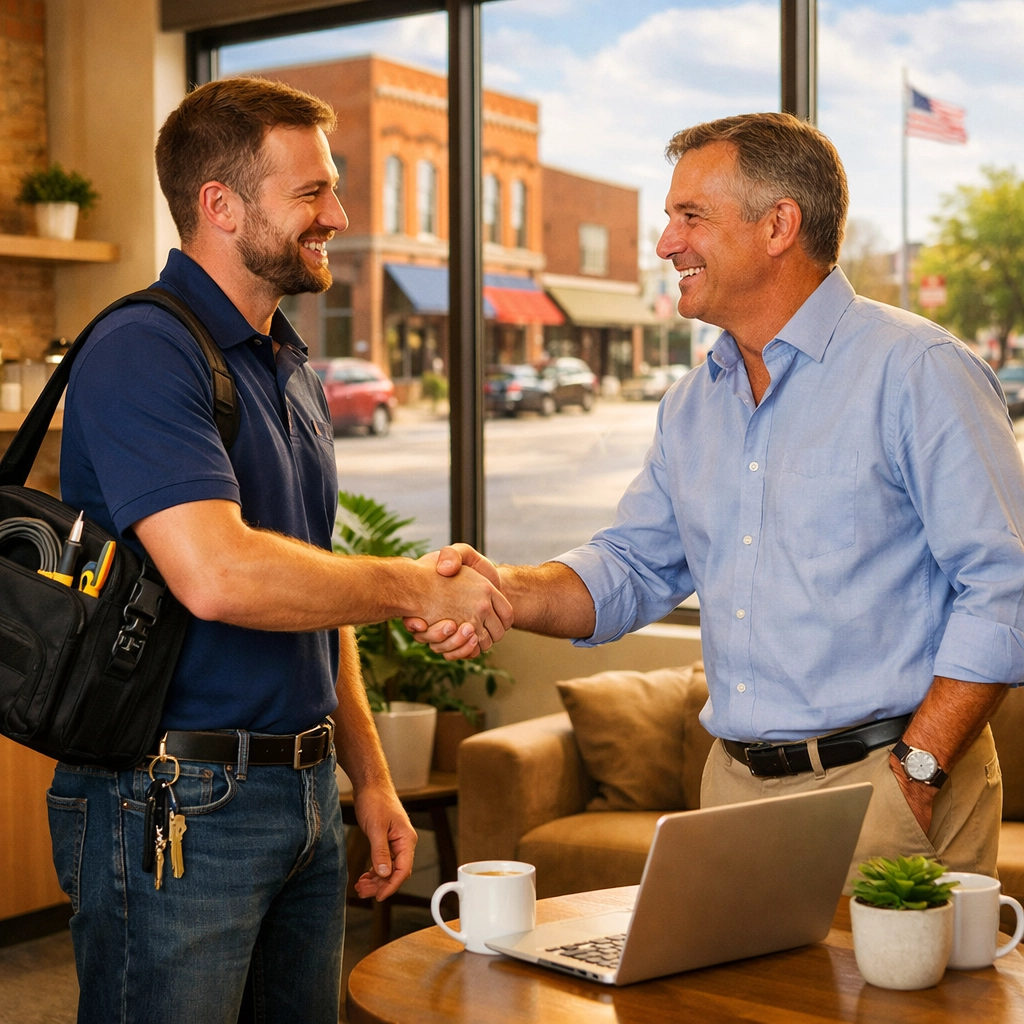 Local IT support technician meeting with Northwest Indiana business owner in person