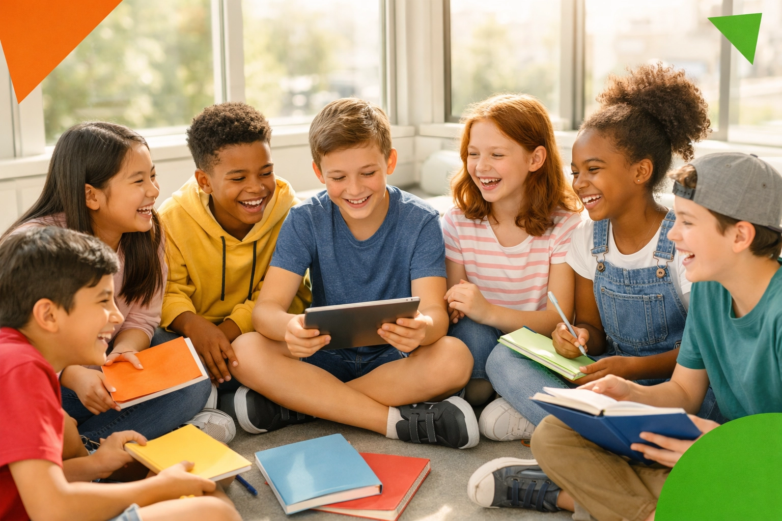 Diverse children collaborating together learning essential life skills in bright modern classroom