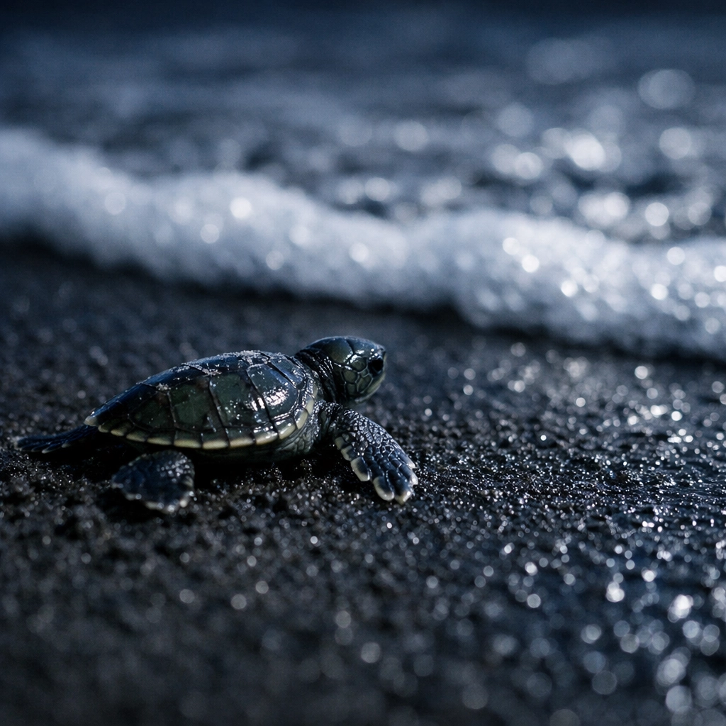Green sea turtle hatchling on volcanic sand moving toward the ocean for conservation.
