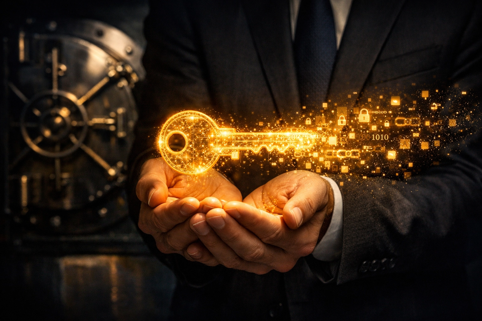 Cryptographic key representing self-custody control for blockchain merchant accounts