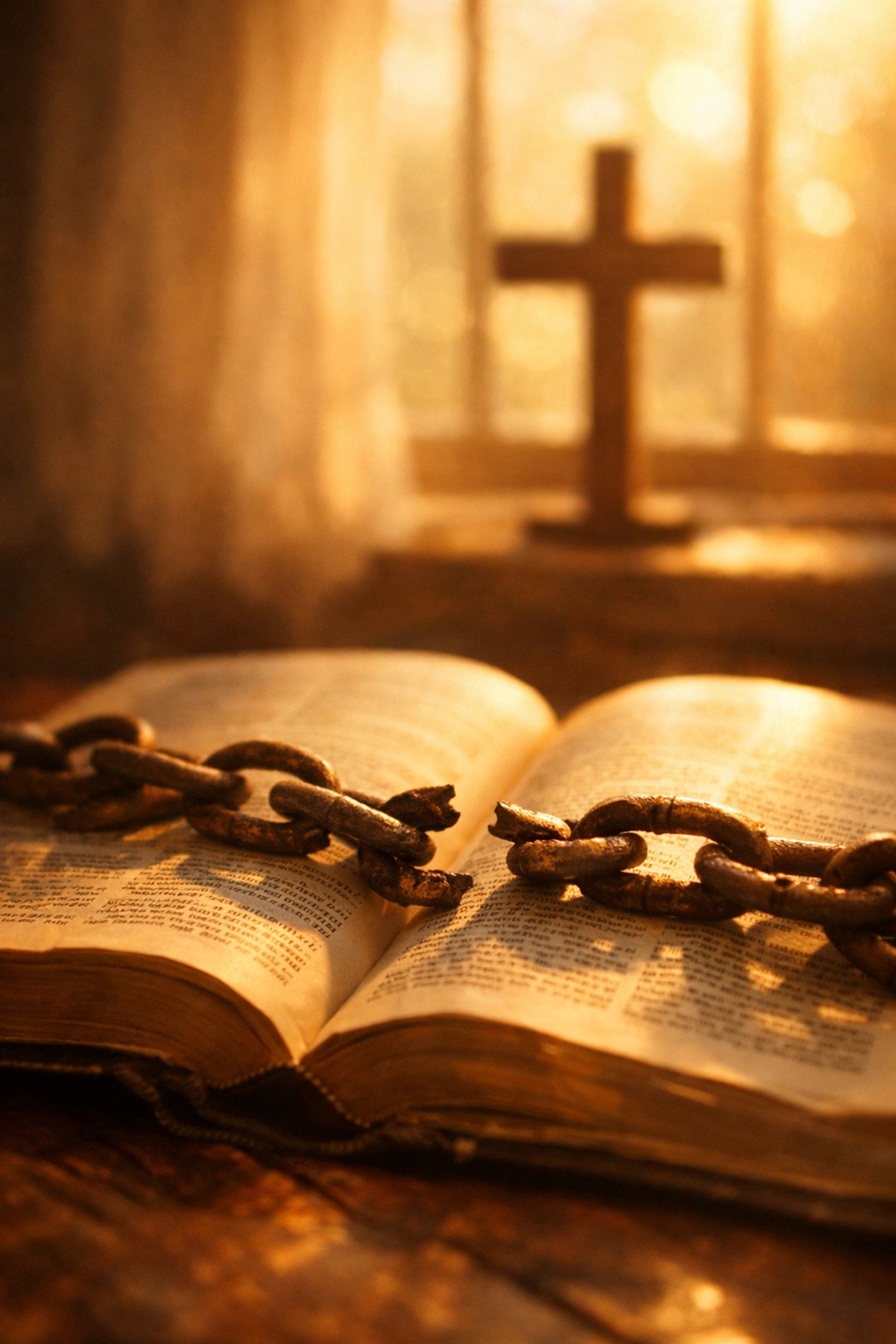 Broken chains on open Bible symbolizing freedom in Christ and spiritual liberation