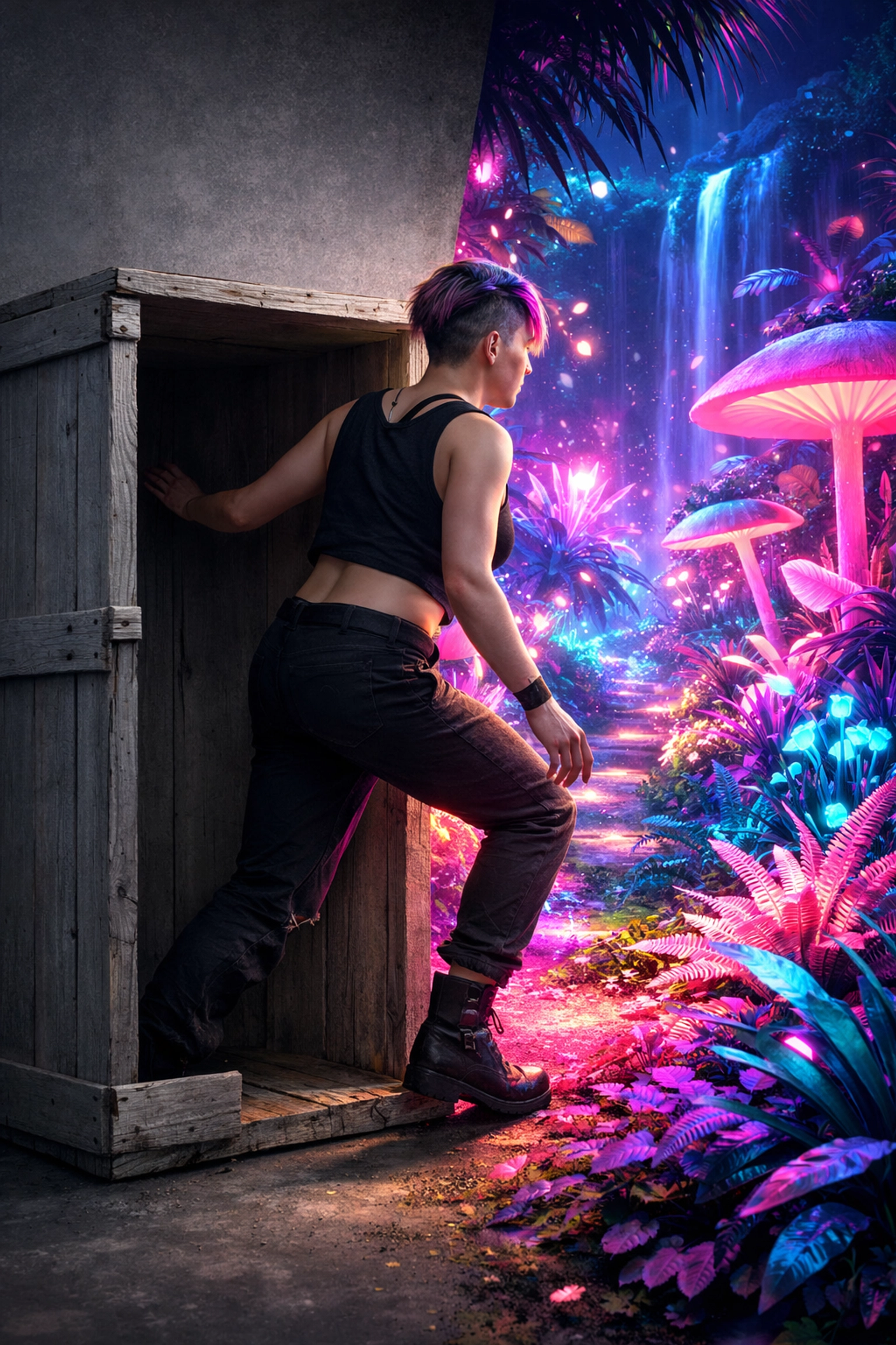 A non-binary person steps out of a grey box into a vibrant neon garden, illustrating LGBTQ+ resilience and freedom.