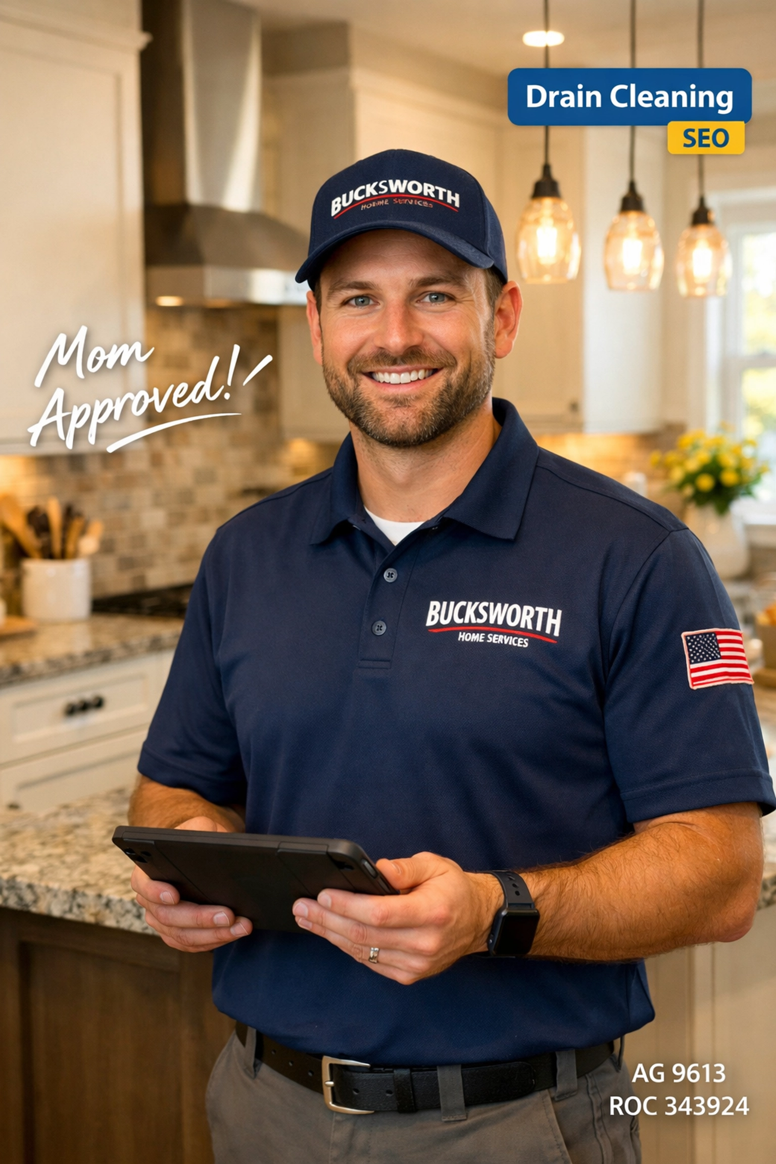Professional Bucksworth technician providing Mom Approved drain cleaning service in a Gilbert kitchen.