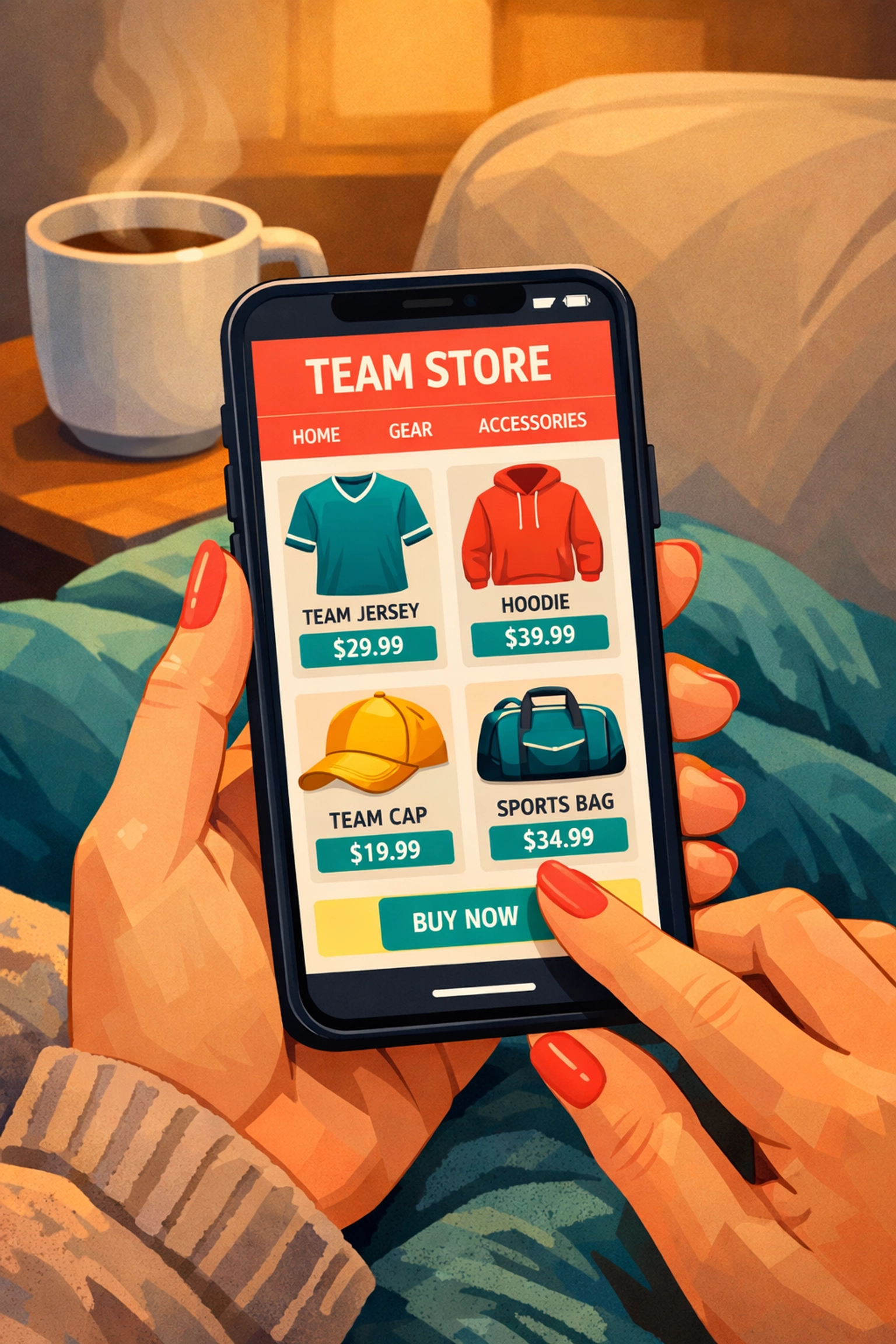 Parent shopping online team store on smartphone for baseball and softball apparel at home