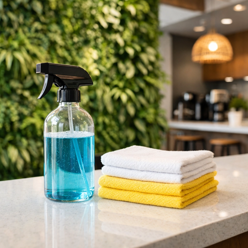 Eco-friendly office cleaning Worcester using sustainable products and green methods in a modern breakroom.