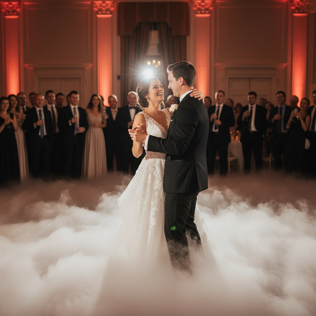 Bride and groom share first dance on a misty floor, surrounded by cheering guests. Warm, elegant ballroom setting with soft lighting.