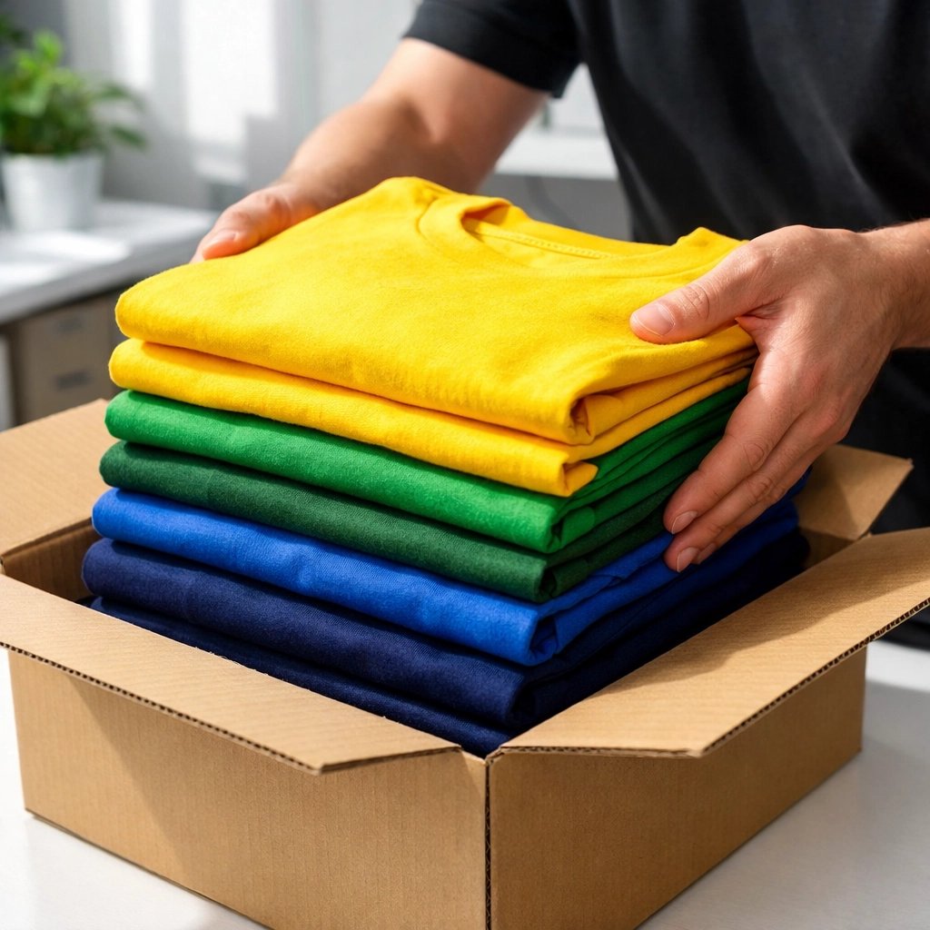 Stacked vibrant summer camp t-shirts being packed in a box for fast shipping and quick turnaround times.