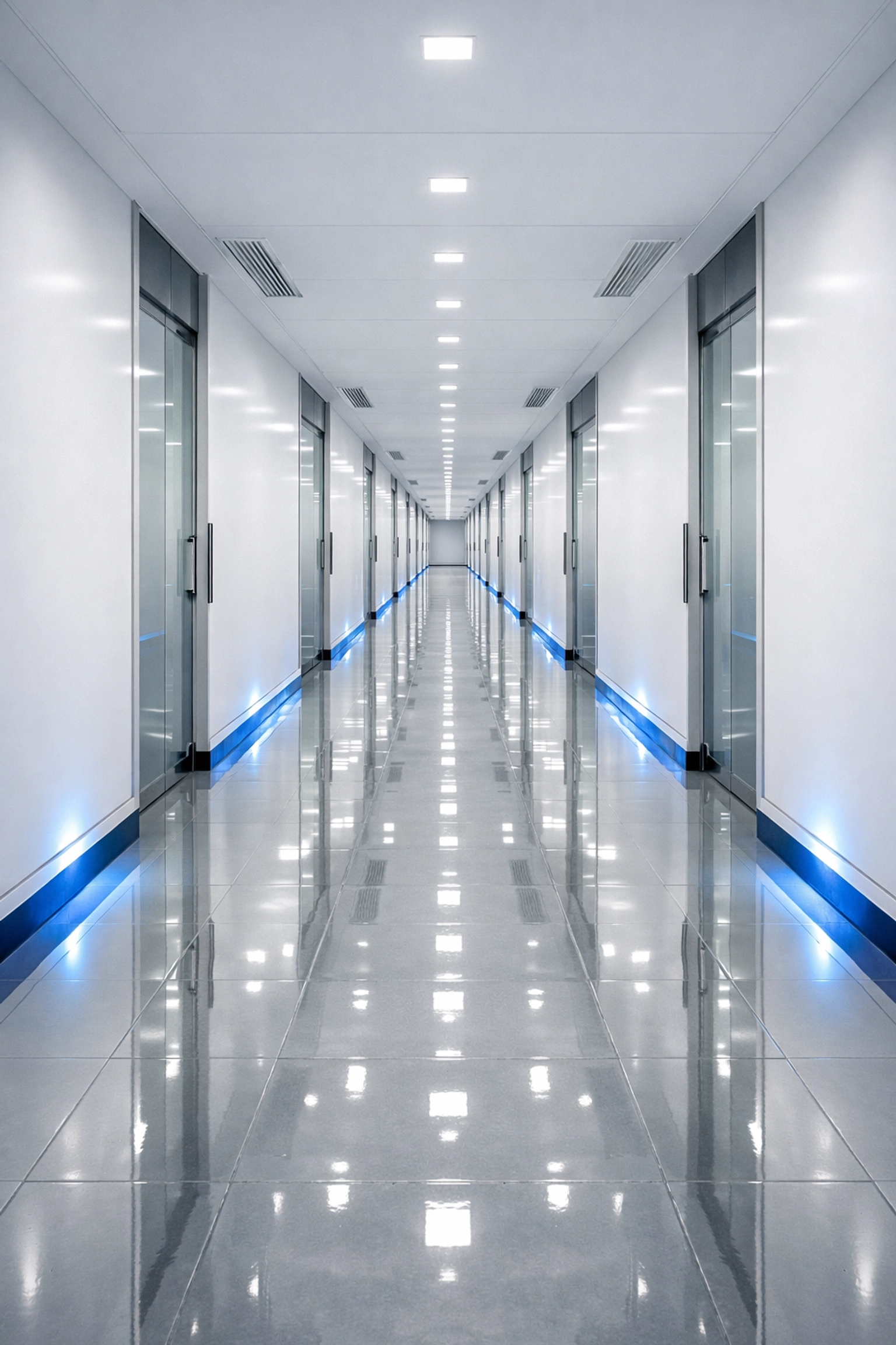 Pristine luxury office corridor in Cambridge with high-gloss floors and clean white walls.