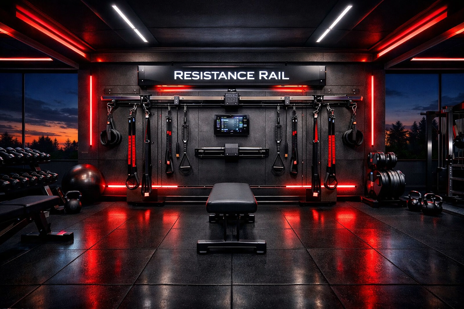 A cinematic view of a complete full body workout at home setup featuring the Resistance Rail system.