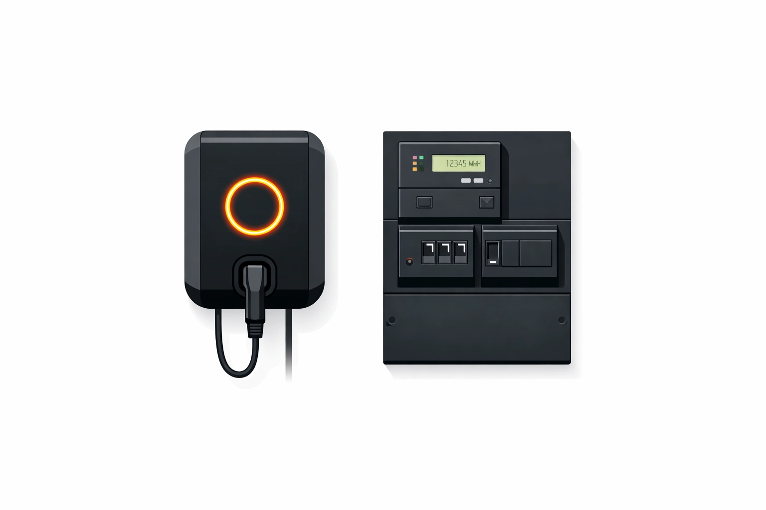 Moderne Wallbox-Ladestation und digitaler Stromzähler für zukunftssichere Elektroinstallationen.