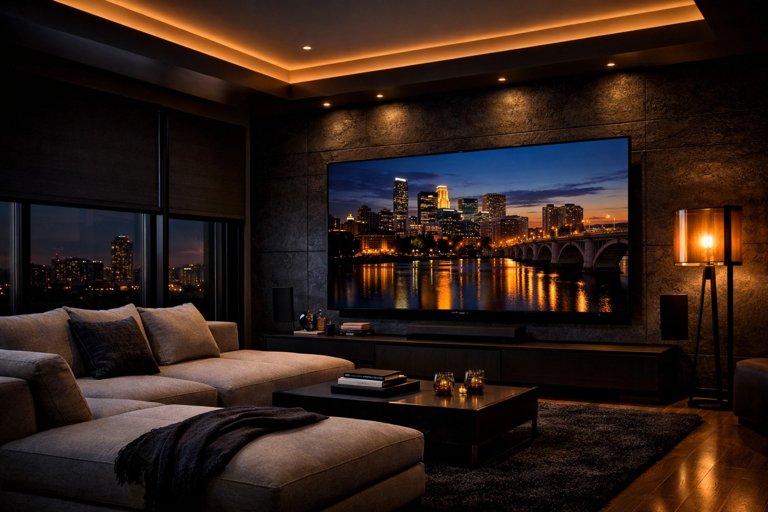 Modern Minneapolis media room featuring an 85-inch TV and comfortable sectional seating.