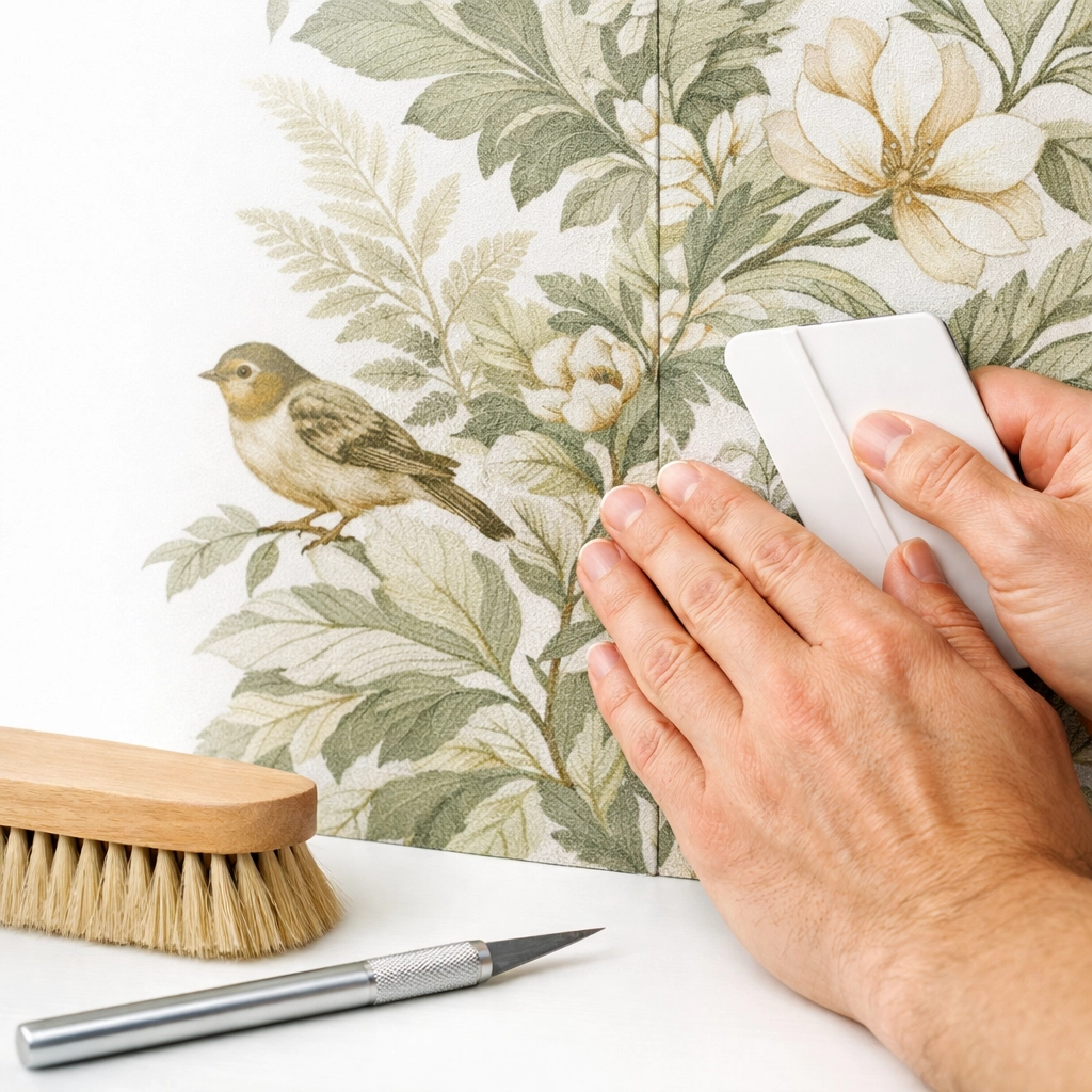 Professional painter and decorator in Cheltenham smoothing botanical wallpaper for a seamless finish.