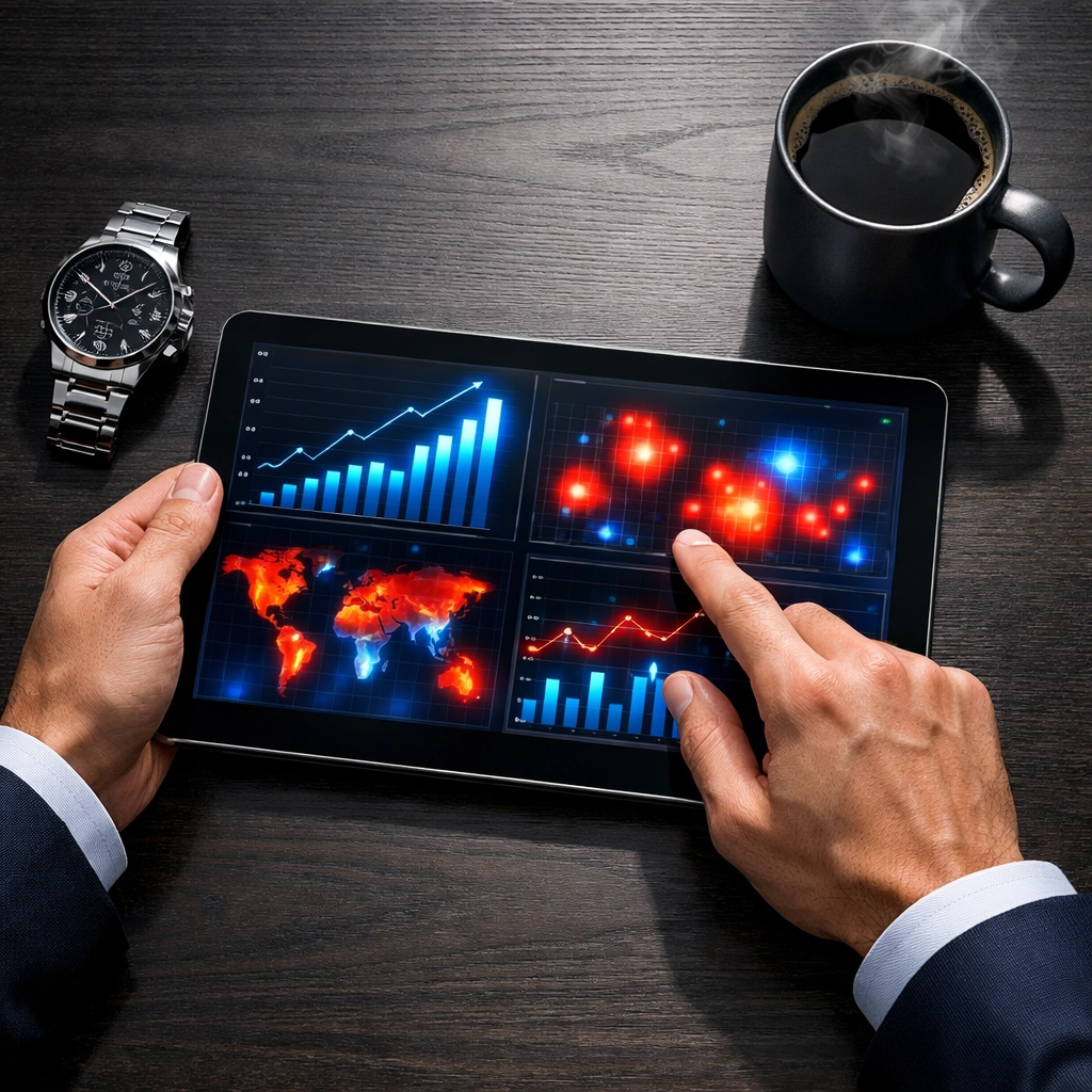 Marketing professional analyzing NIL campaign performance and ROI data visualizations on a digital tablet.