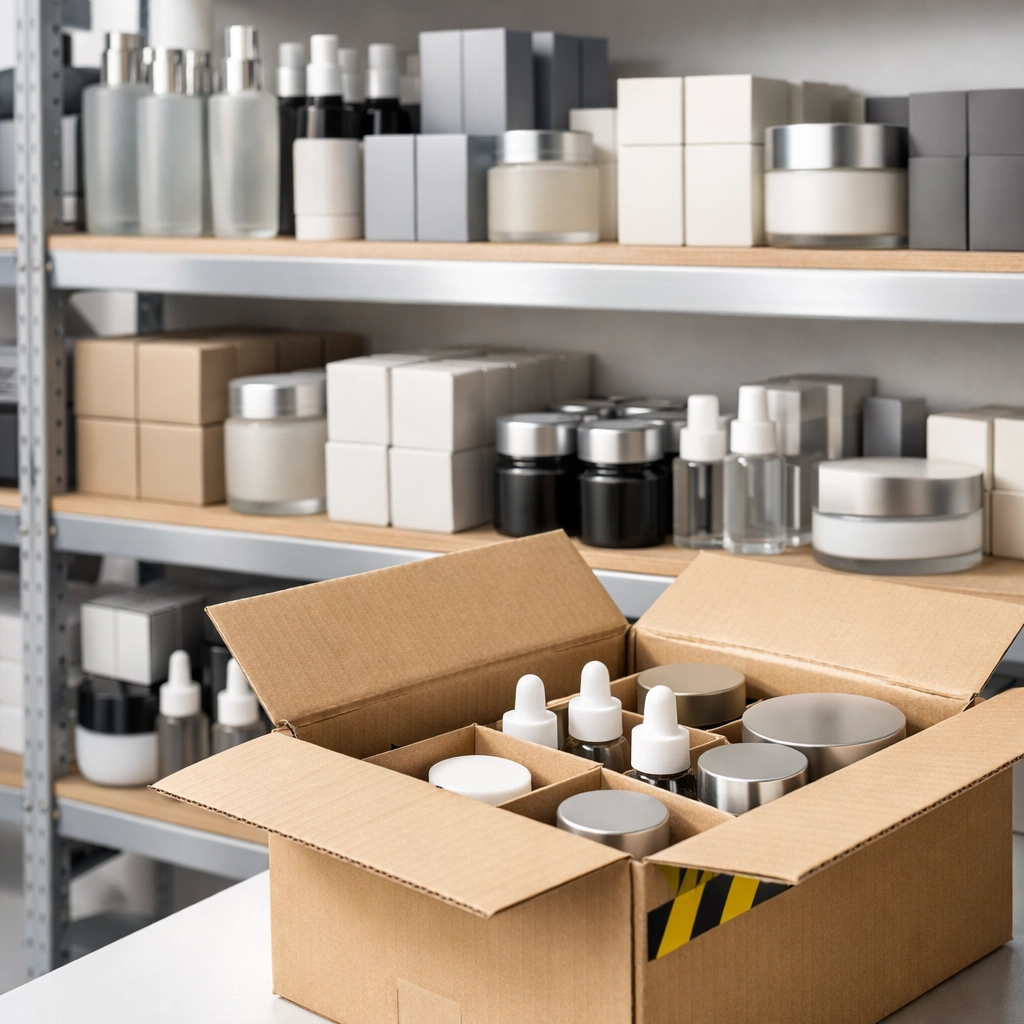 Organized shelves of bulk wholesale beauty products and premium cosmetics in a clean warehouse.