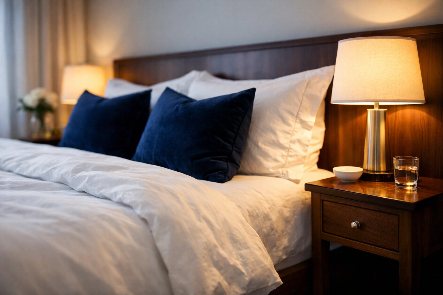 Serene master bedroom with clean linens providing stress relief through weekly house cleaning Leominster.