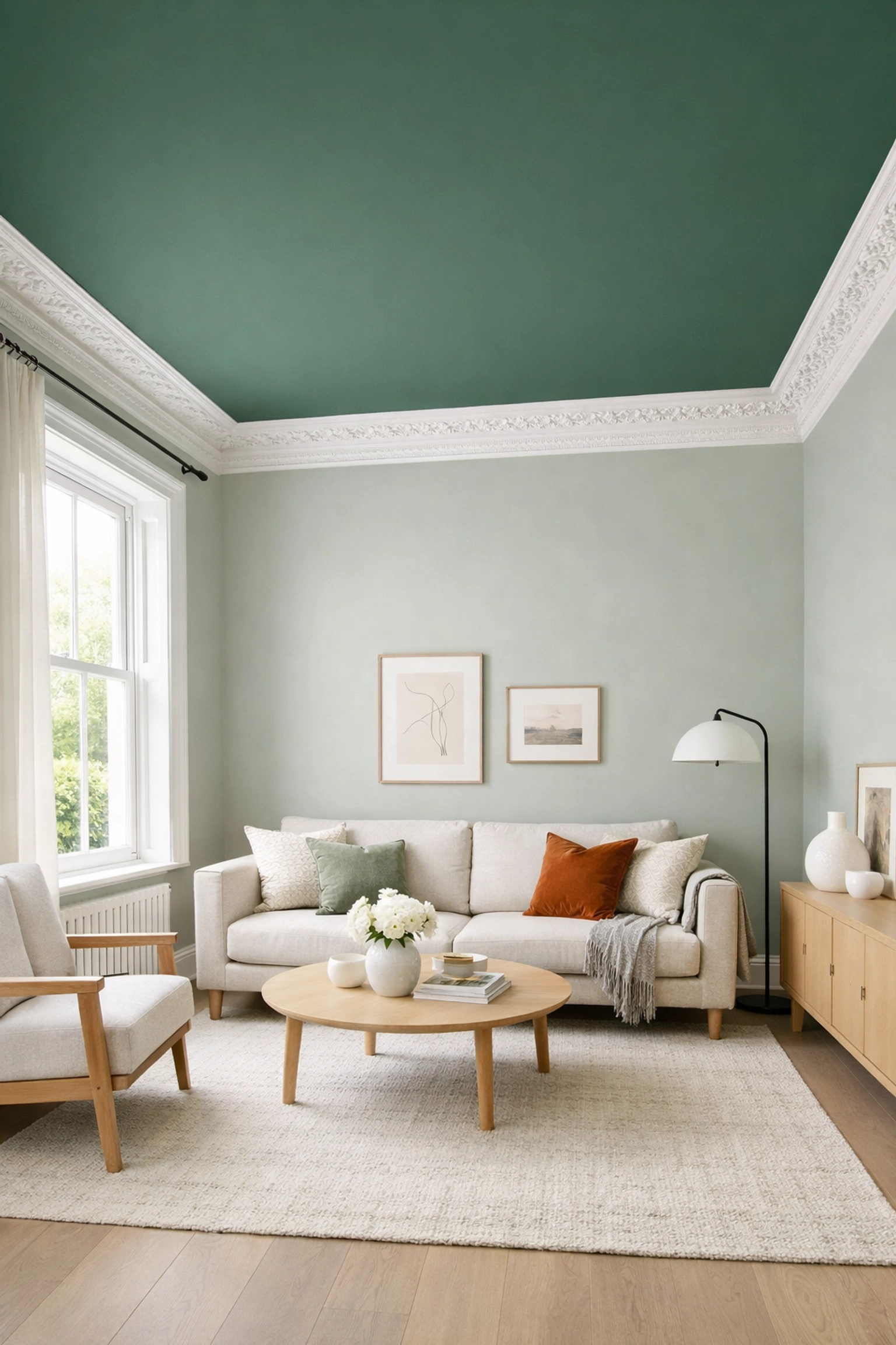 Modern Cheltenham living room featuring a forest green feature ceiling and sage green walls.