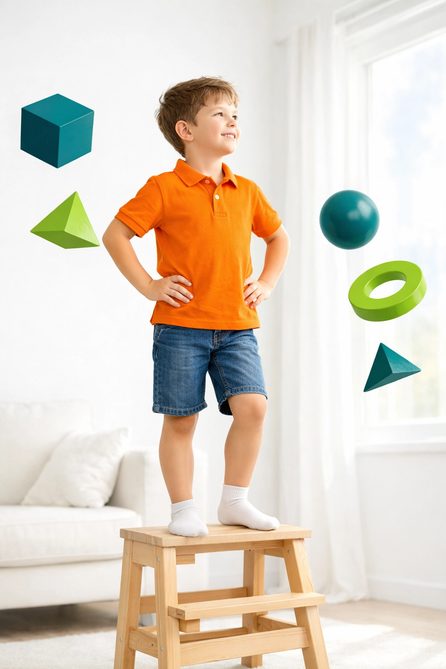Young boy standing confidently in a living room, illustrating the first steps of independence for kids.