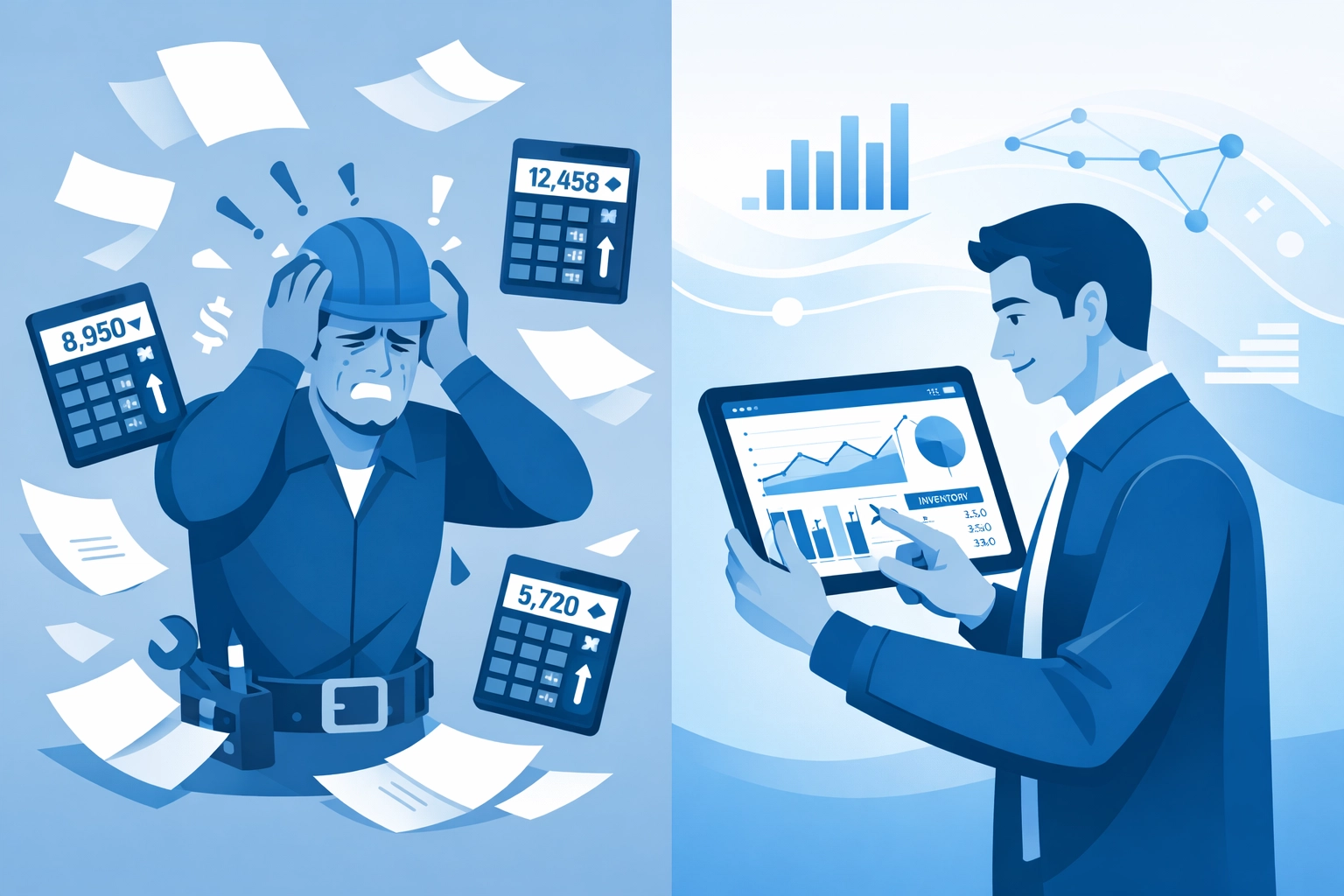 Contractor comparing manual paperwork to real-time digital dashboard for material management