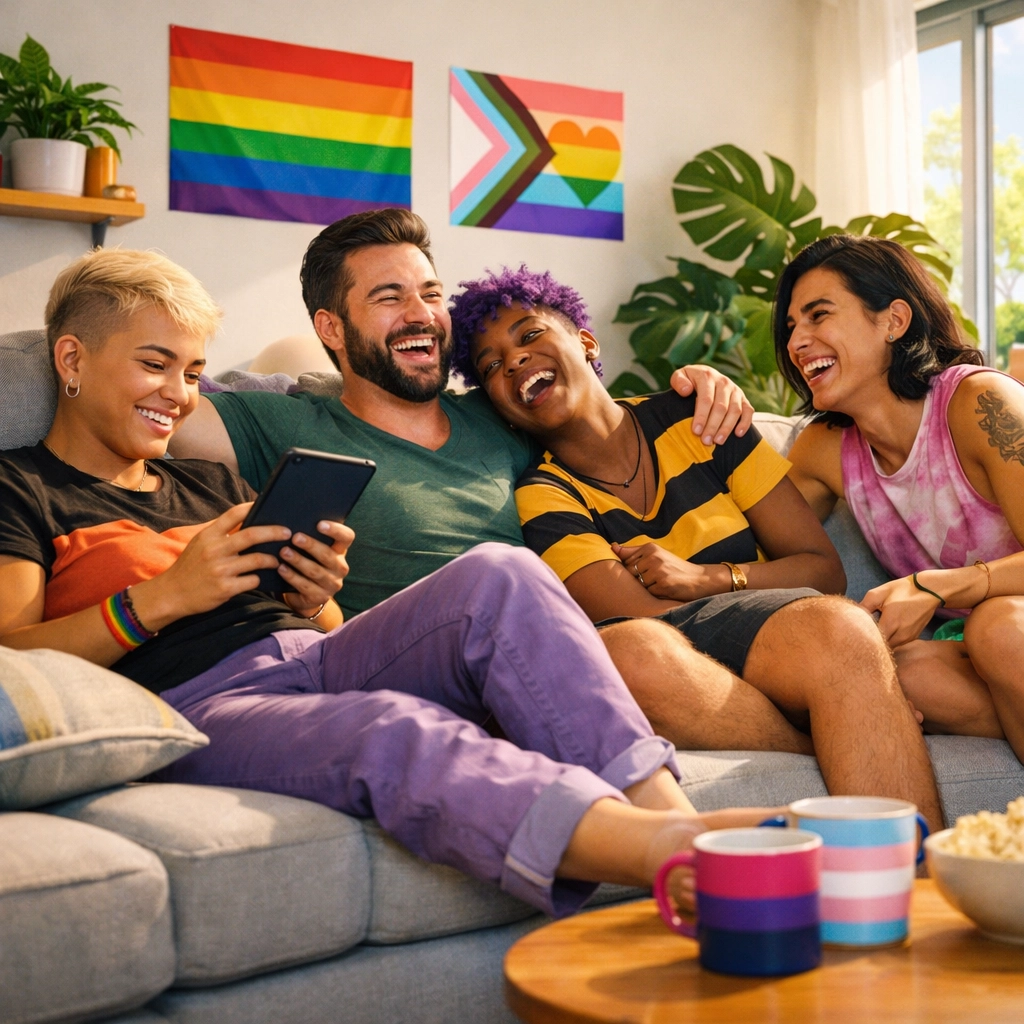 Diverse queer friends laughing together, illustrating the power of found family and LGBTQ+ community resilience.