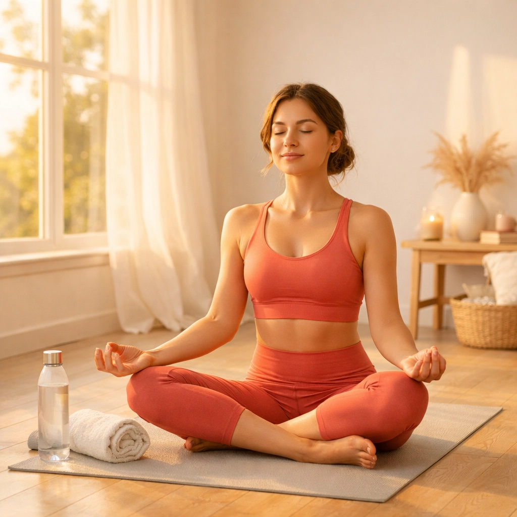 Woman meditating peacefully in morning light showing energy after proper sleep recovery