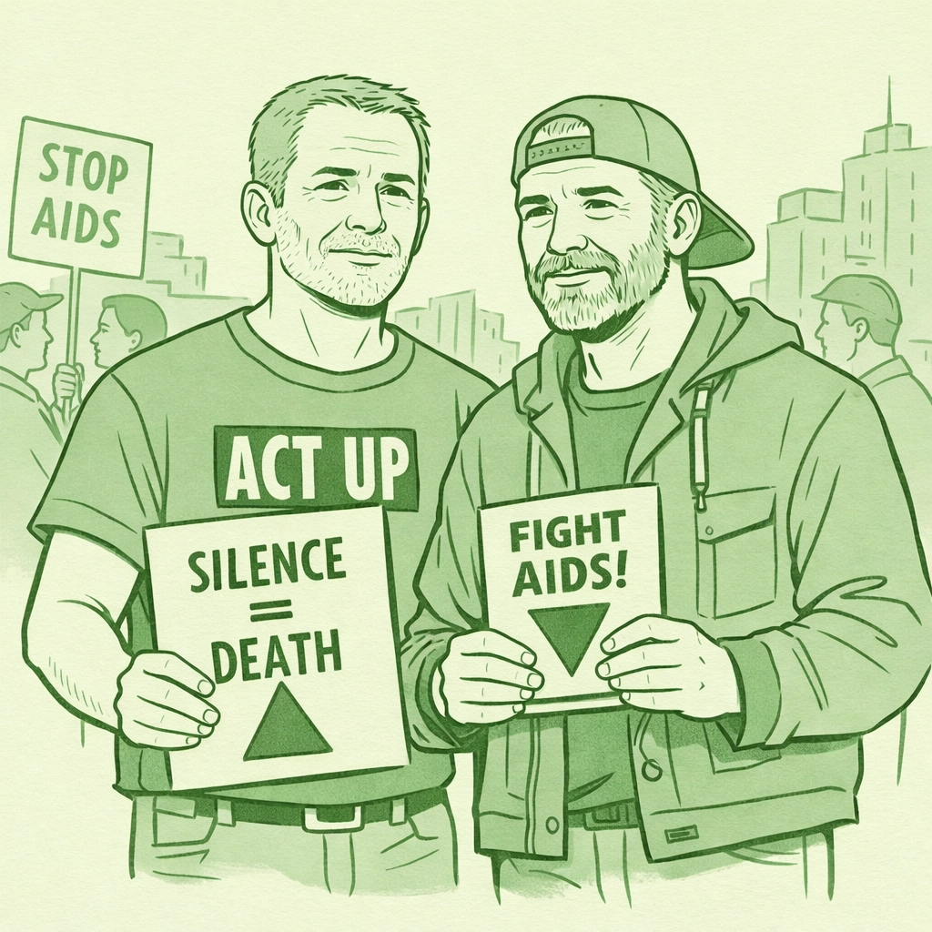 Two activists at 1990s ACT UP protest during HIV/AIDS crisis