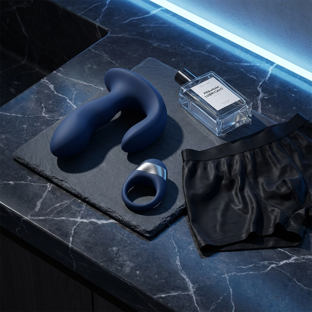 Premium prostate massager and vibrating cock ring for men arranged with lubricant for a solo sex session.