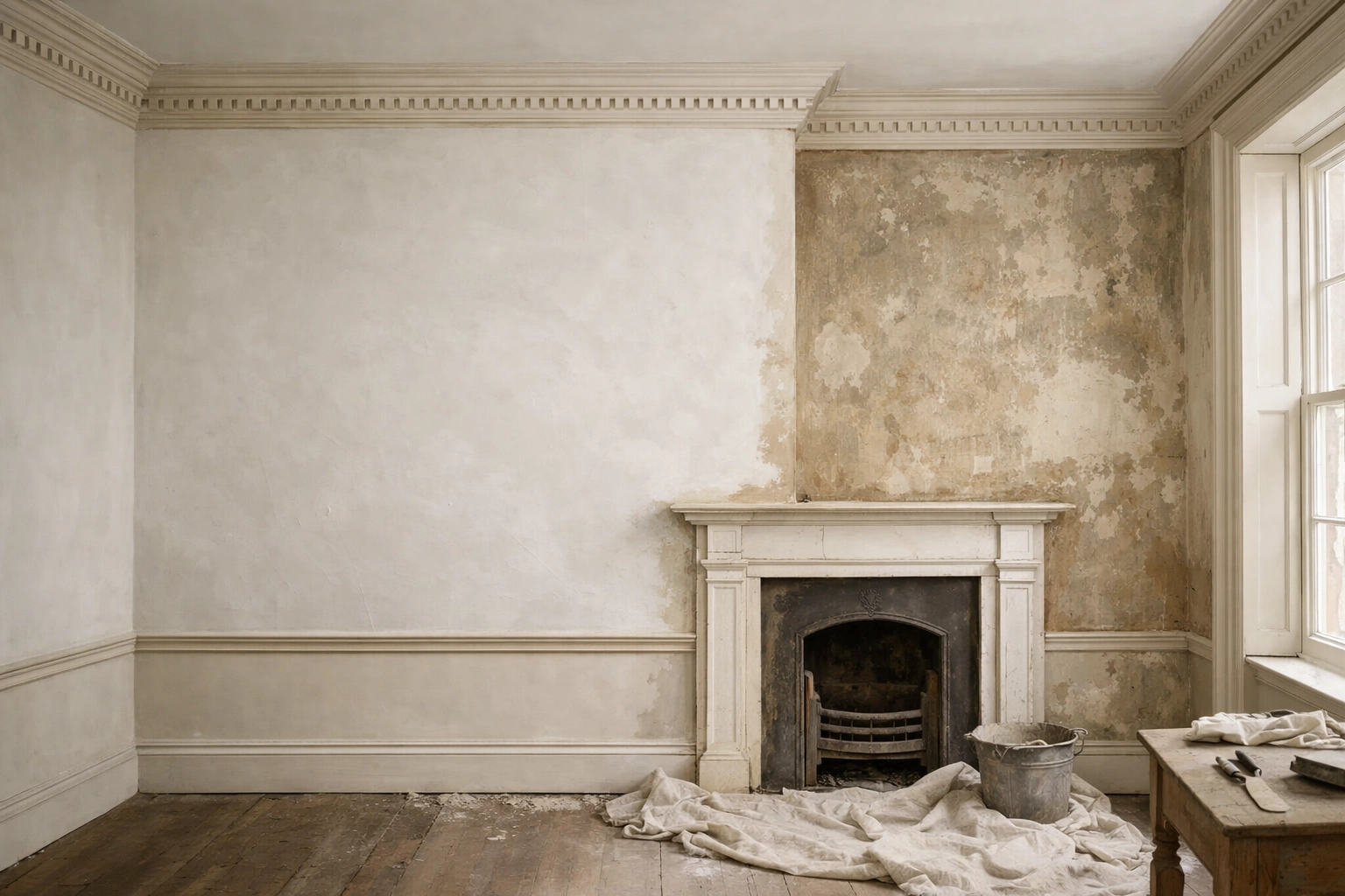 Georgian period property restoration showing traditional lime plaster application