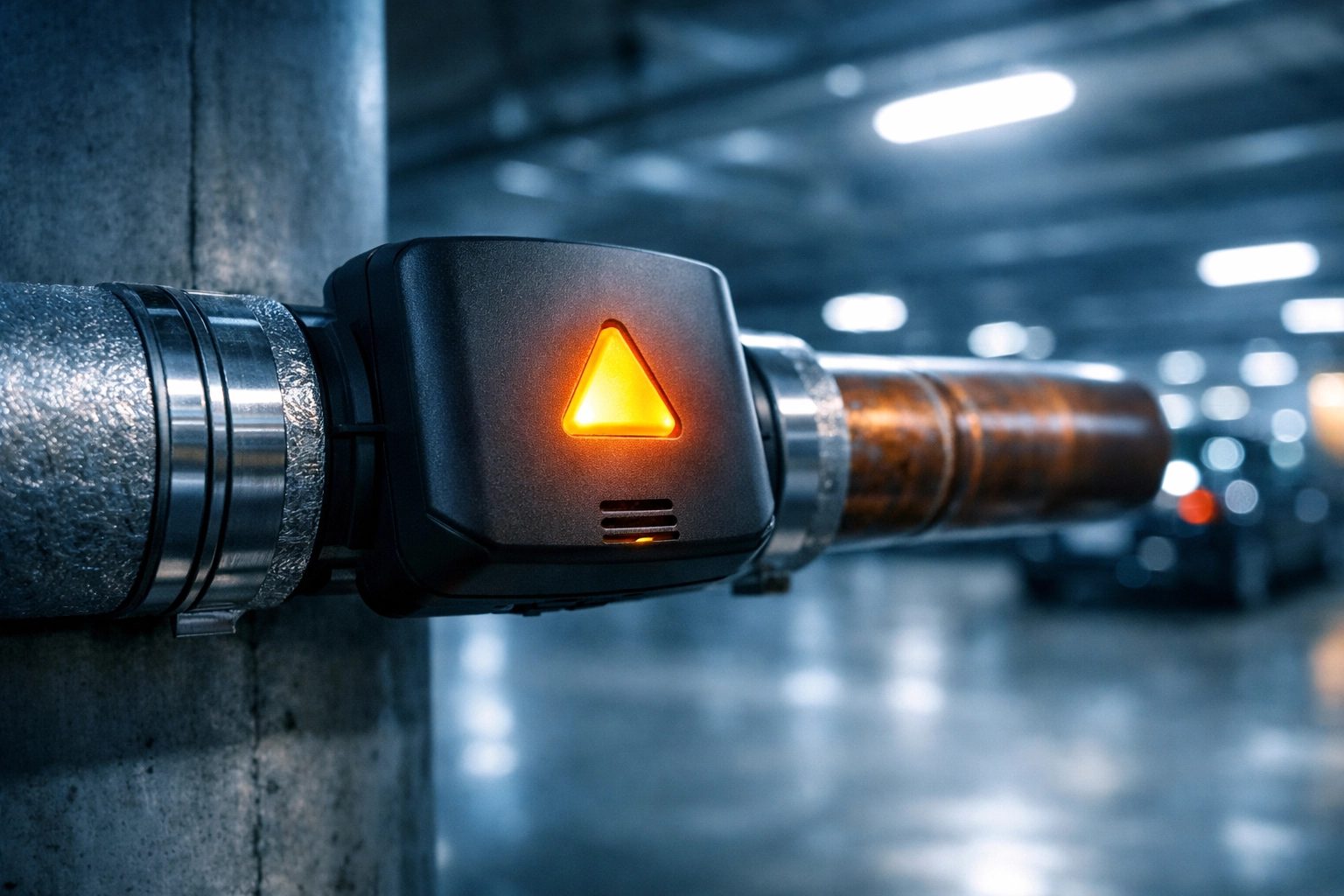 A commercial freeze alert sensor on a water pipe to prevent frozen pipe bursts and condo water damage.