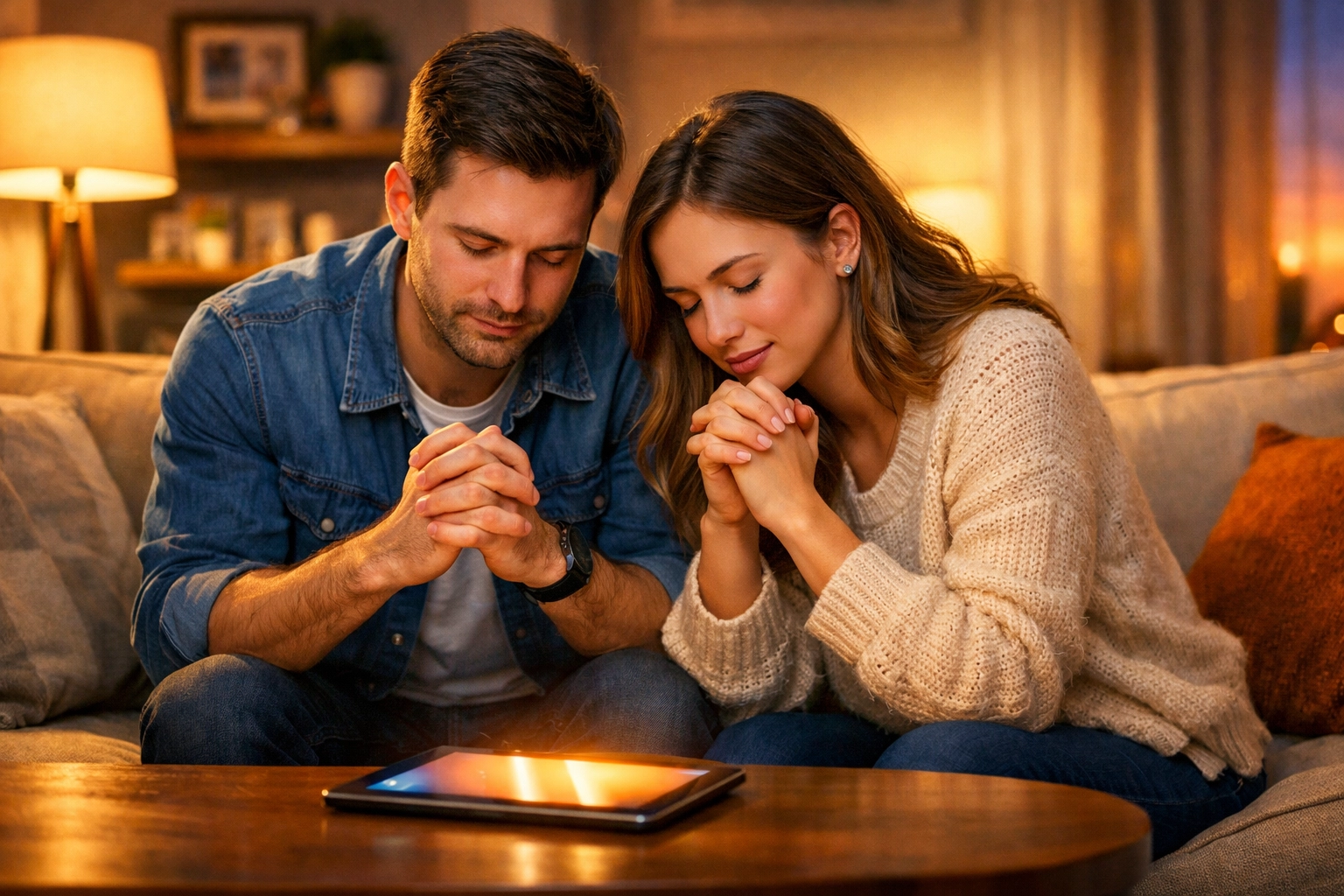 A husband and wife pray together while connecting with their Boundless Online Church small group.