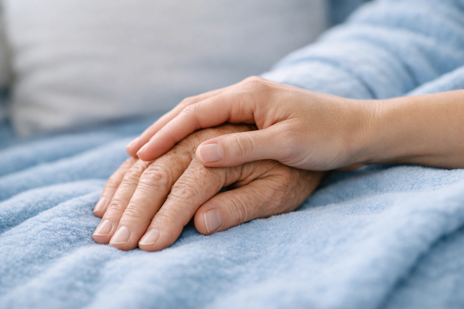 Caregiver and senior hands gently clasped showing compassionate support