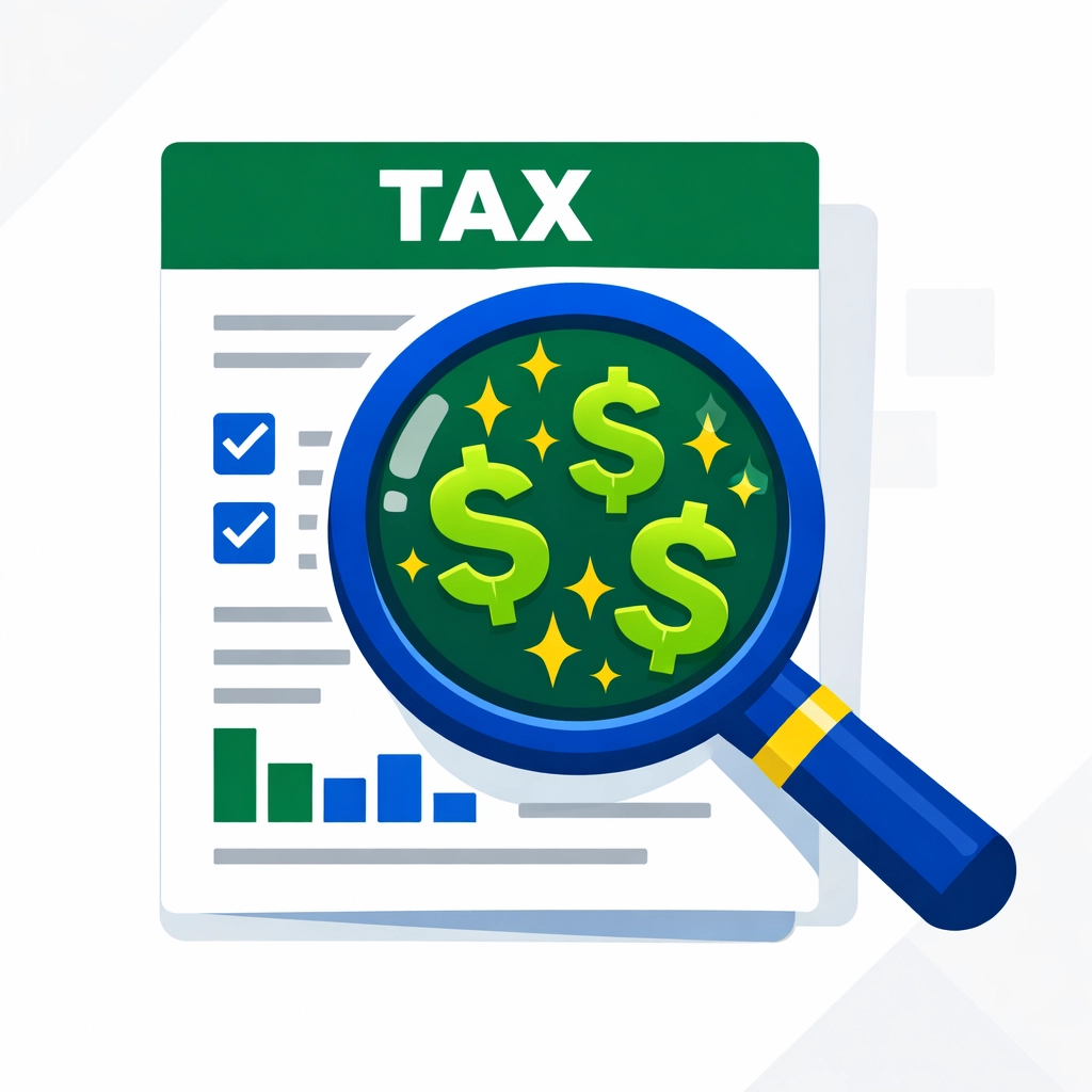 Magnifying glass uncovering hidden tax deductions and small business credits on a digital form.