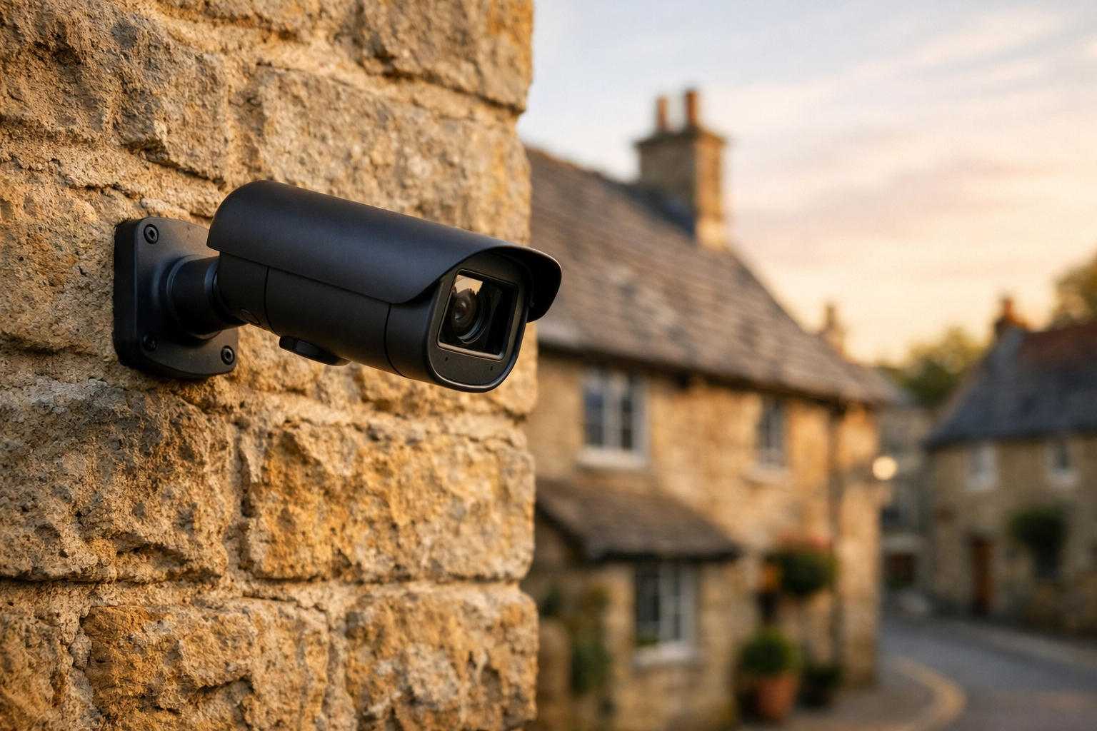Professional CCTV camera installation on a traditional Somerset limestone wall in Somerton.