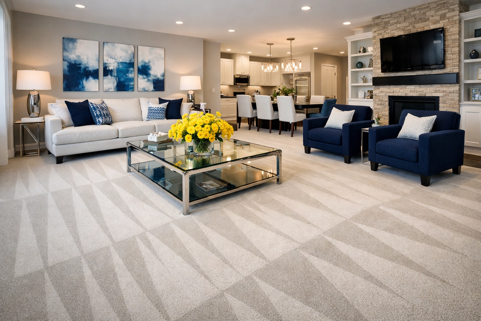 Revitalized living room carpet with professional cleaning lines in a modern Fitchburg, MA residence.