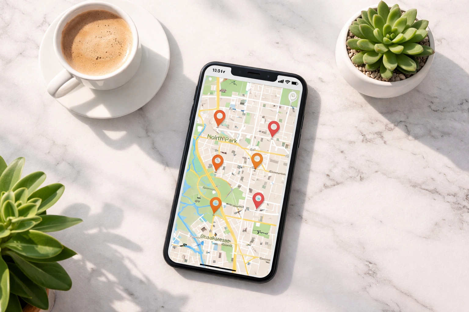 Flat lay of a smartphone map with location pins, symbolizing digital connectivity for real estate experts and vendors.