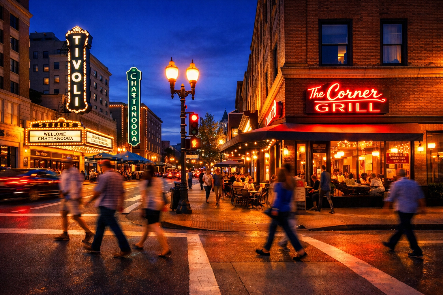 Vibrant downtown Chattanooga street corner highlighting local business activity and digital advertising potential.