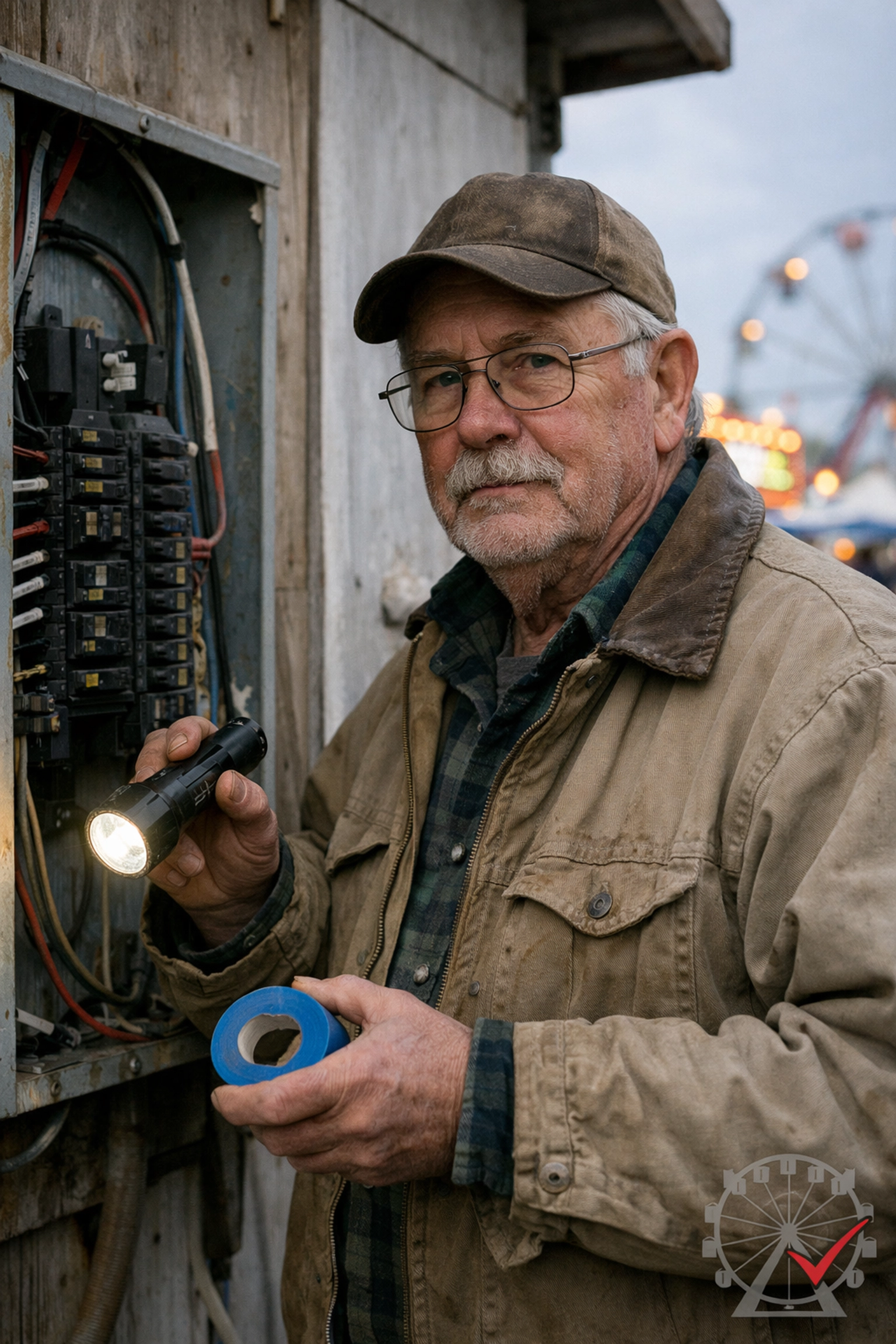 At a utility shed: a long-time volunteer checks an open breaker panel with a flashlight and labeling tape—moving the “system” out of one person’s head