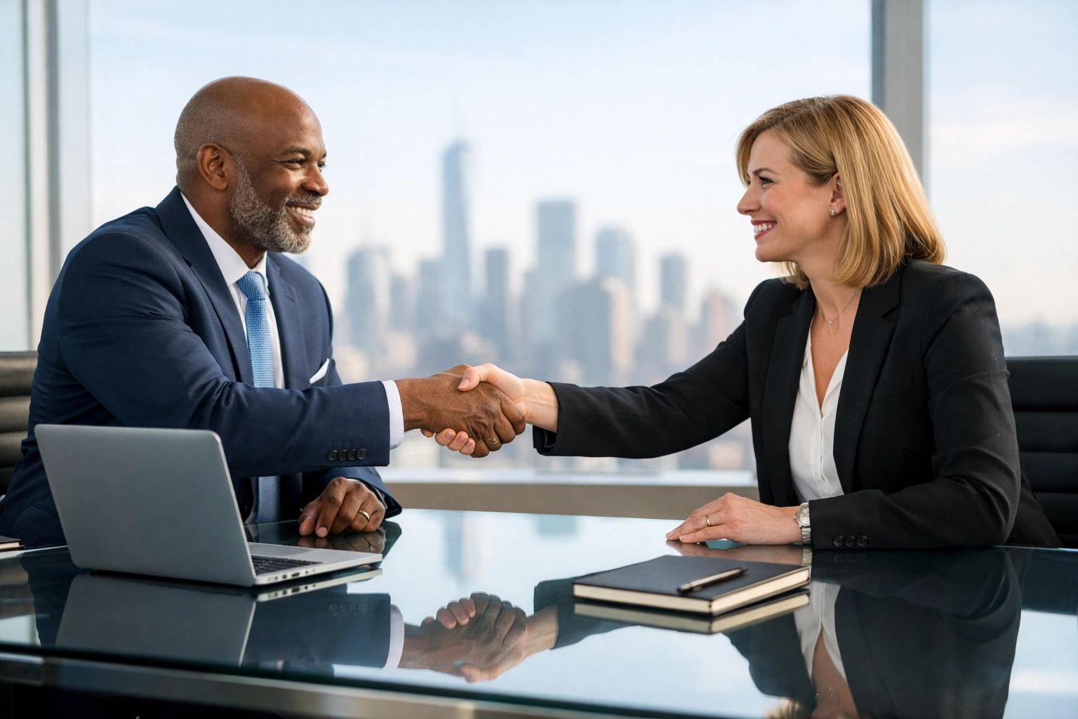 Two diverse executives shaking hands representing a strategic brand partnership and corporate consulting alignment.